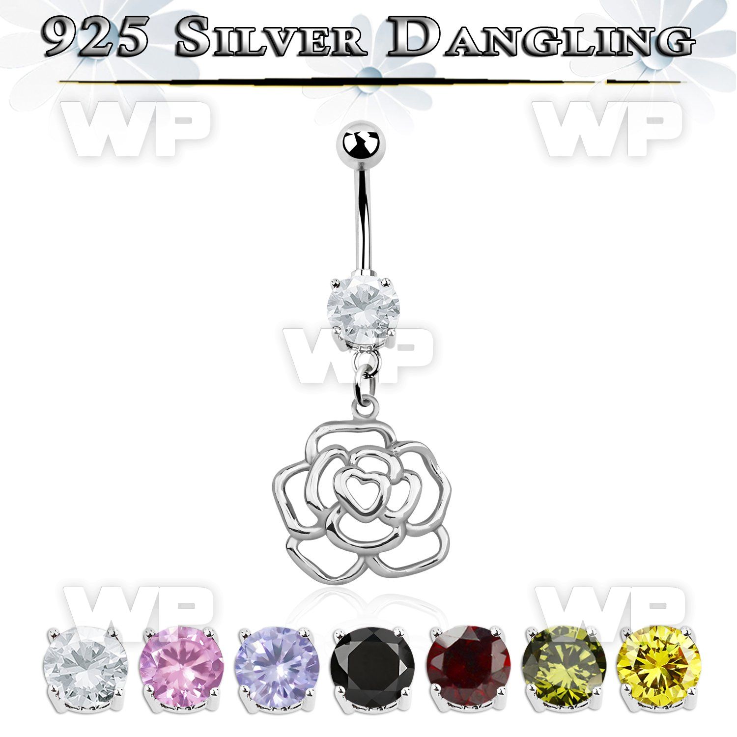 j61q1ep steel belly ring w dangling silver 925 rose belly piercing