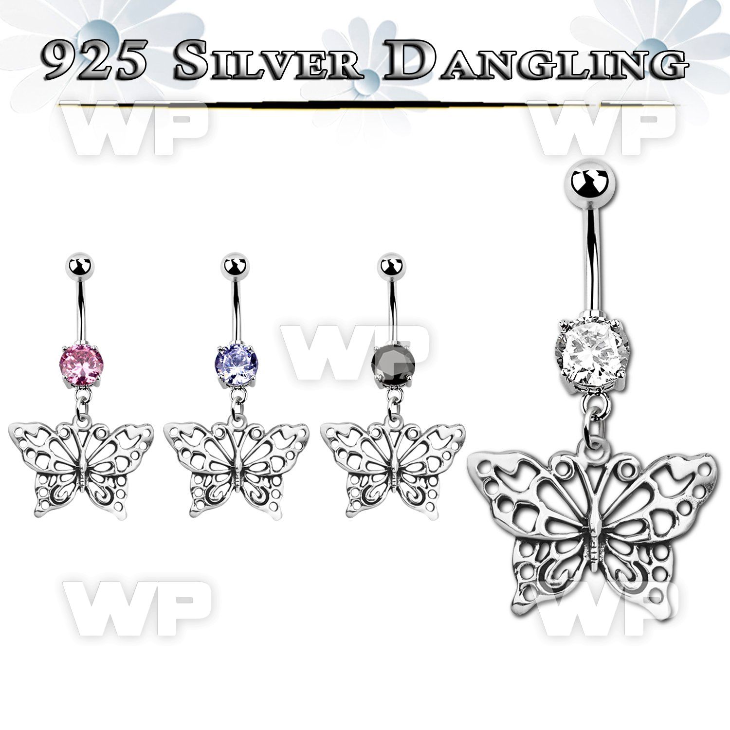 j61q1s steel belly ring w dangling silver 925 butterfly belly piercing