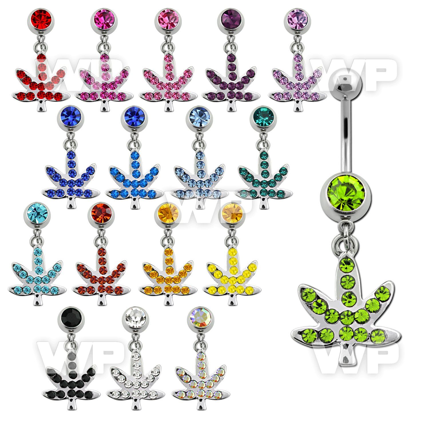 j61sll steel belly ring w dangling crystal studded marijuana lea belly piercing