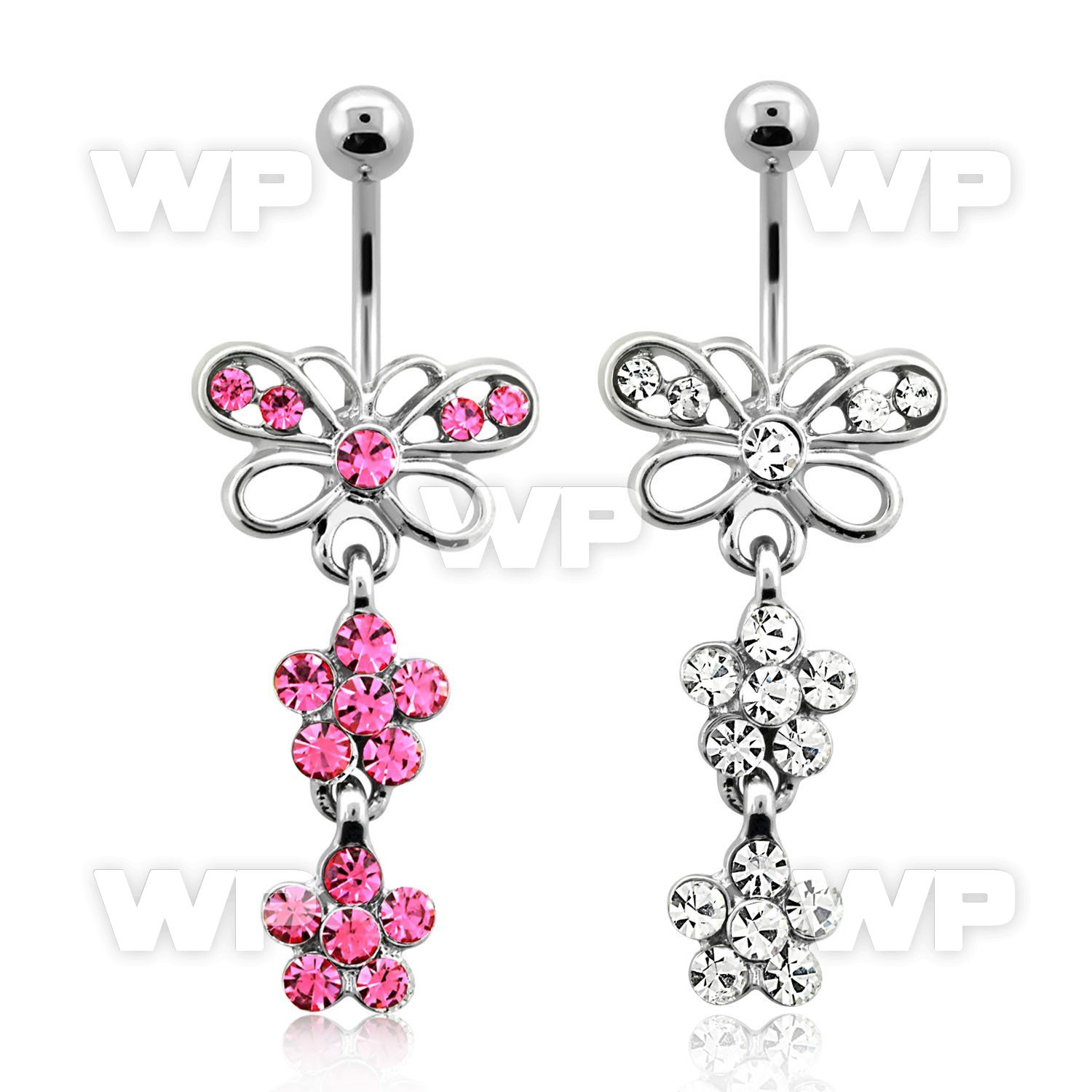 j61slp steel belly ring lower butterfly design dangling two crys belly piercing