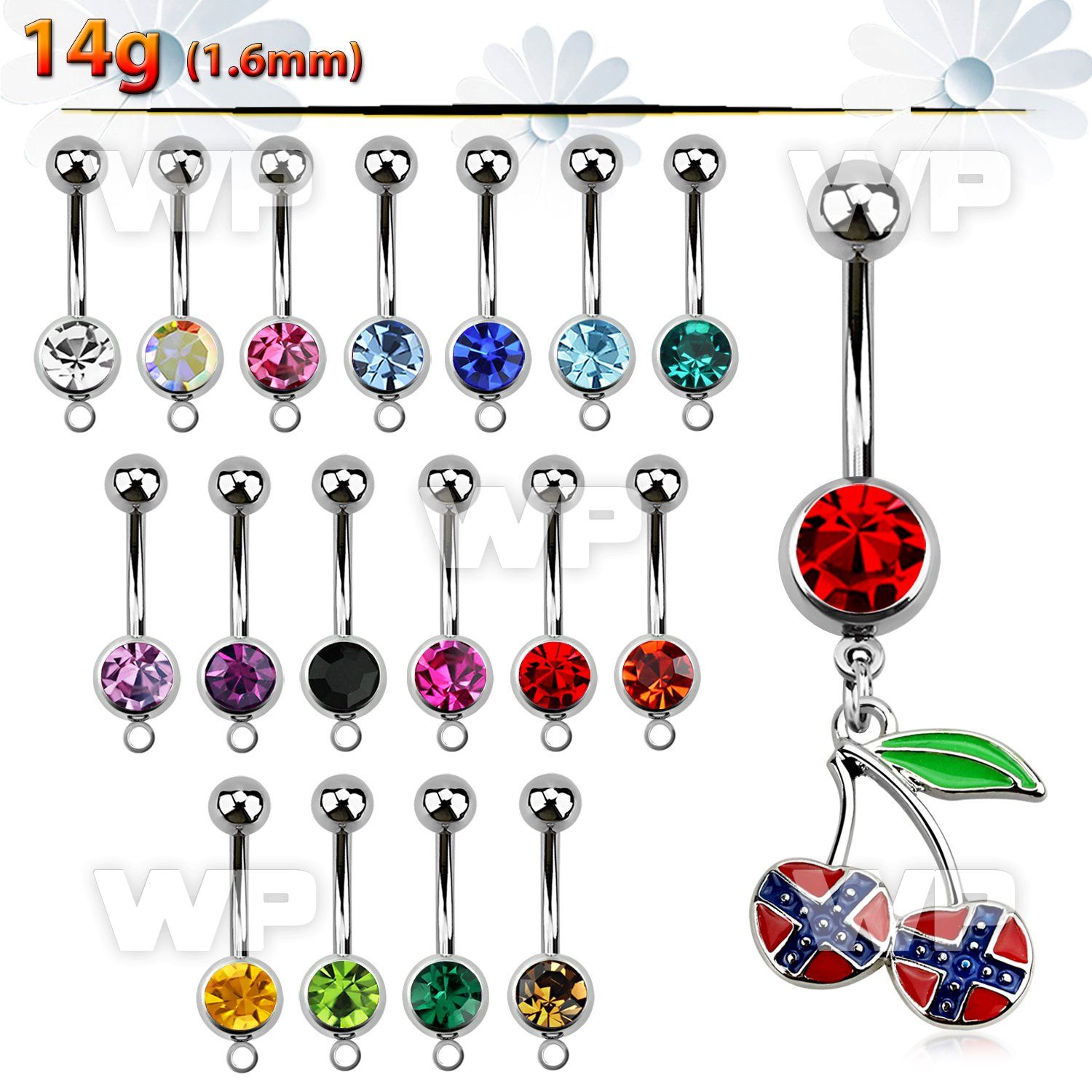 j61sp0 steel belly ring w dangling cherry painted in colors of belly piercing