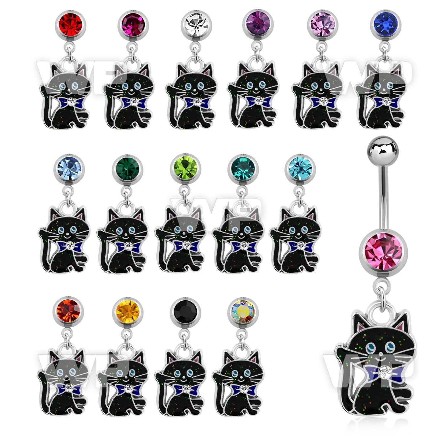 j61spz steel belly ring w dangling black cat designcrystal on belly piercing