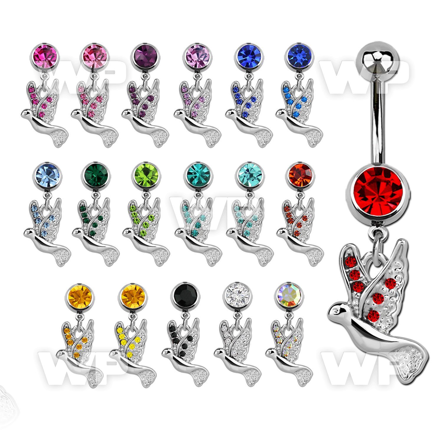 j61ssp steel belly ring w dangling dangling dove tiny crystals belly piercing