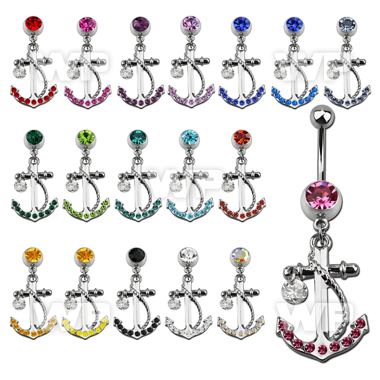 j61st9 steel belly ring w dangling anchor5mm dangling cz stone belly piercing