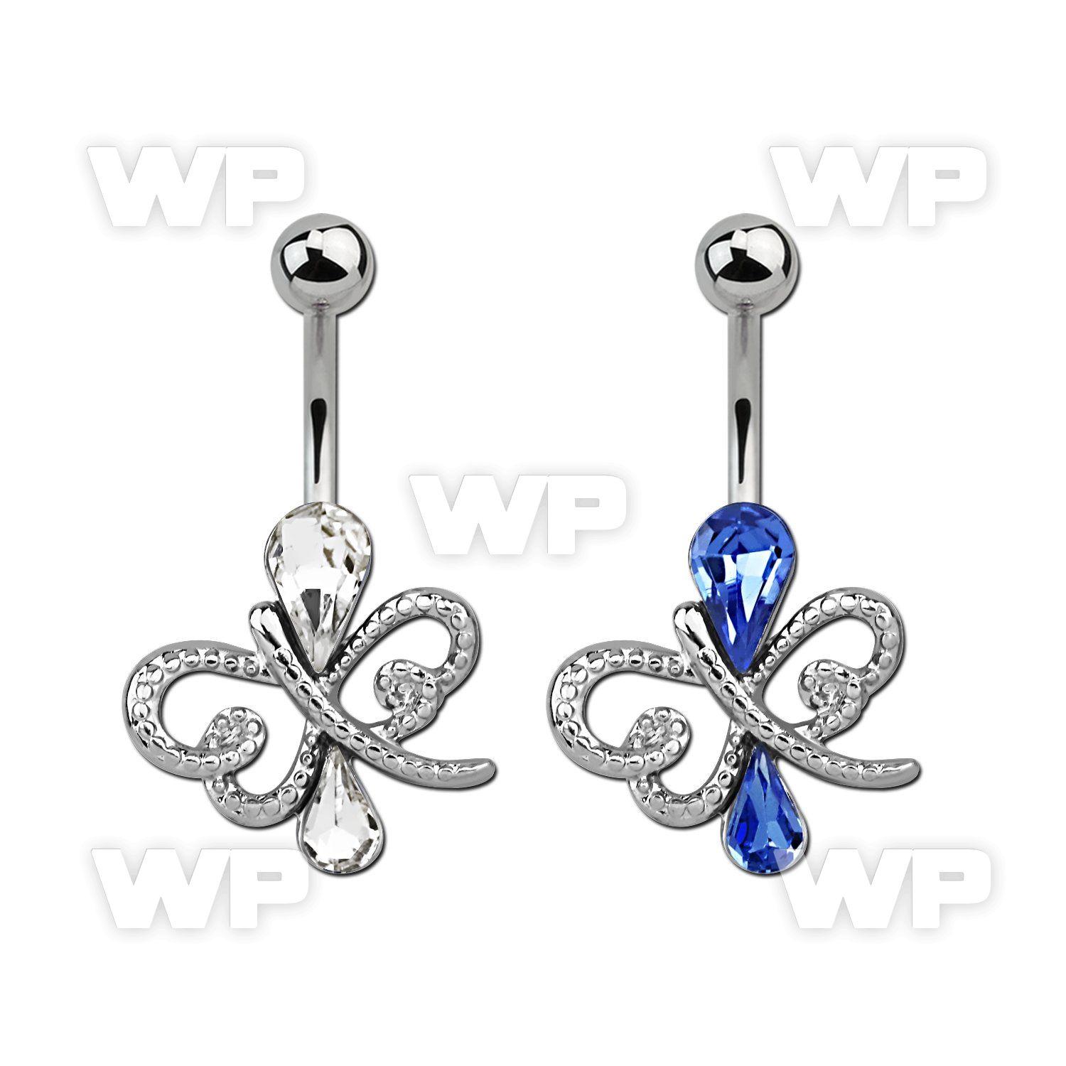 j61sts 316l steel belly ringw a lower butterfly design w two tea belly piercing