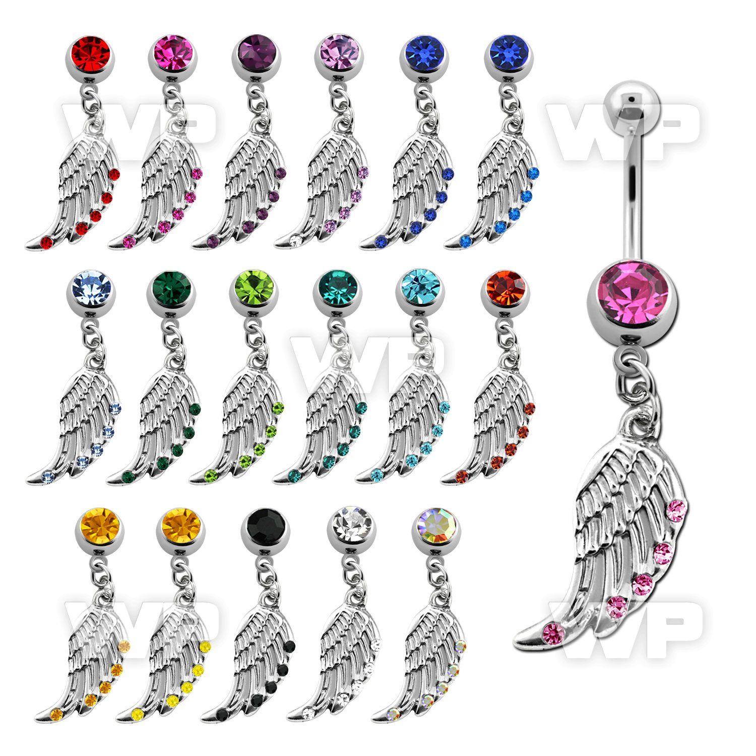 j61syt steel belly ring w dangling bird wing design crystals on belly piercing