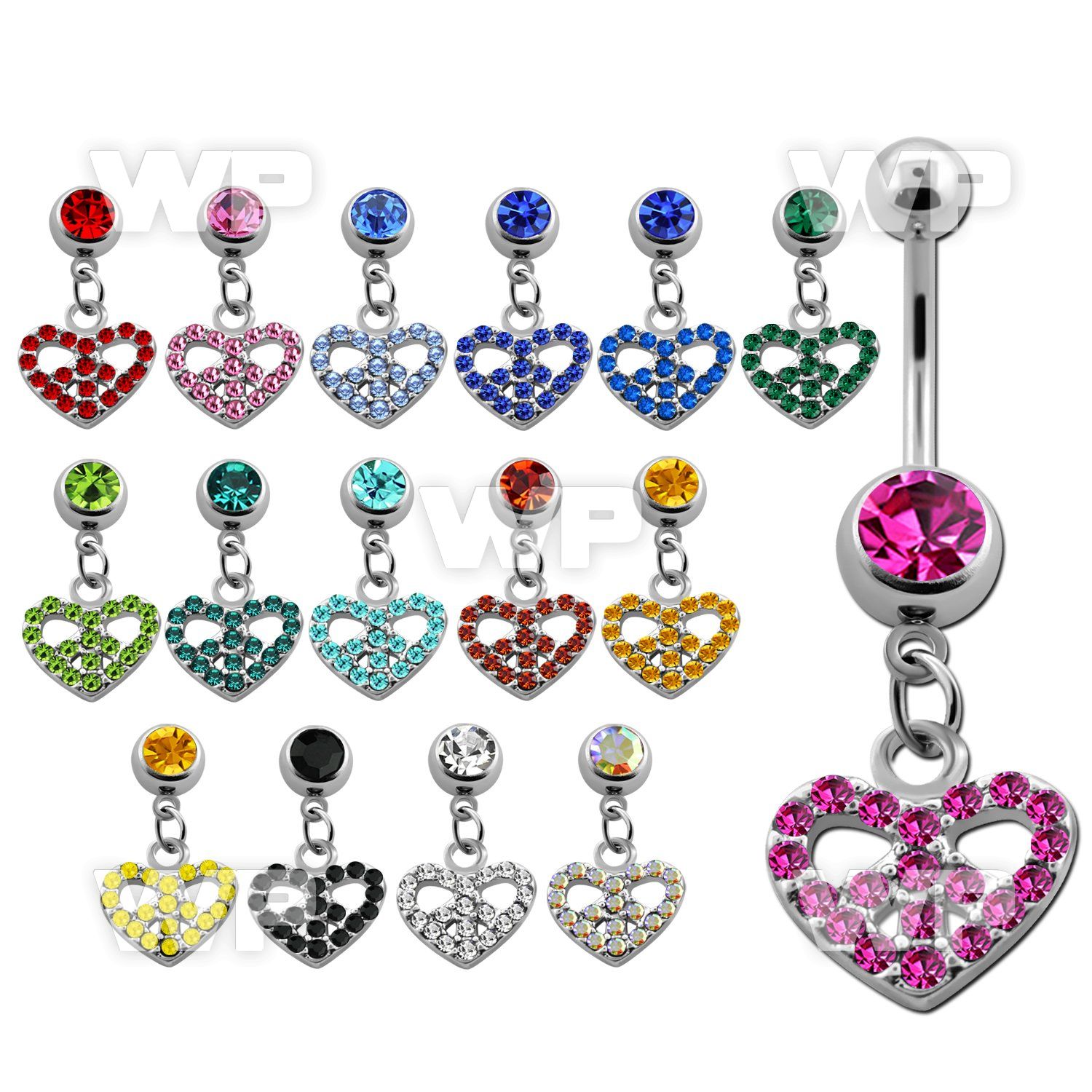 j61xmw steel belly ring w dangling combined heart peace sign belly piercing