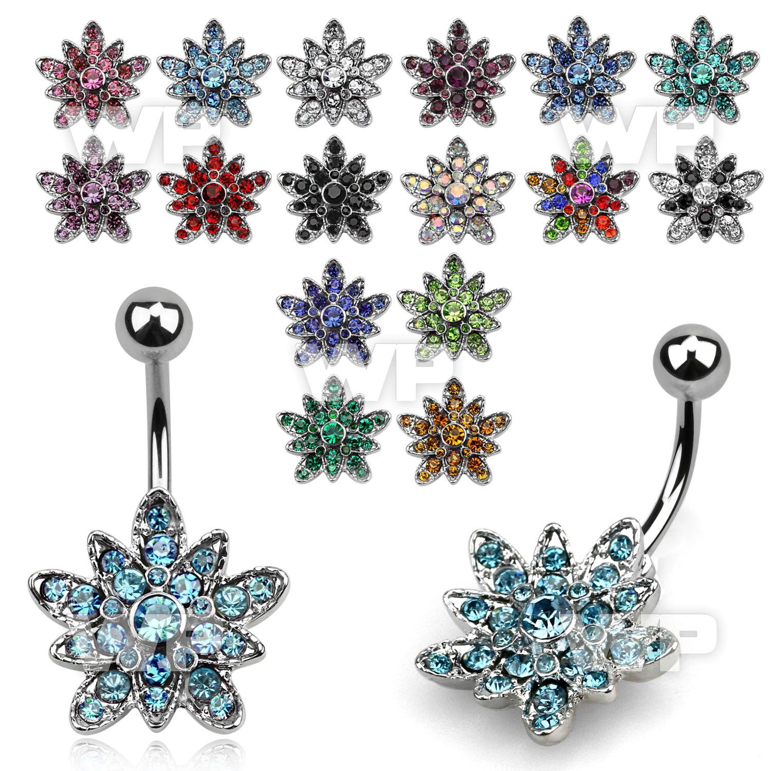 j61y9k steel belly ring lower crystal studded flower belly piercing