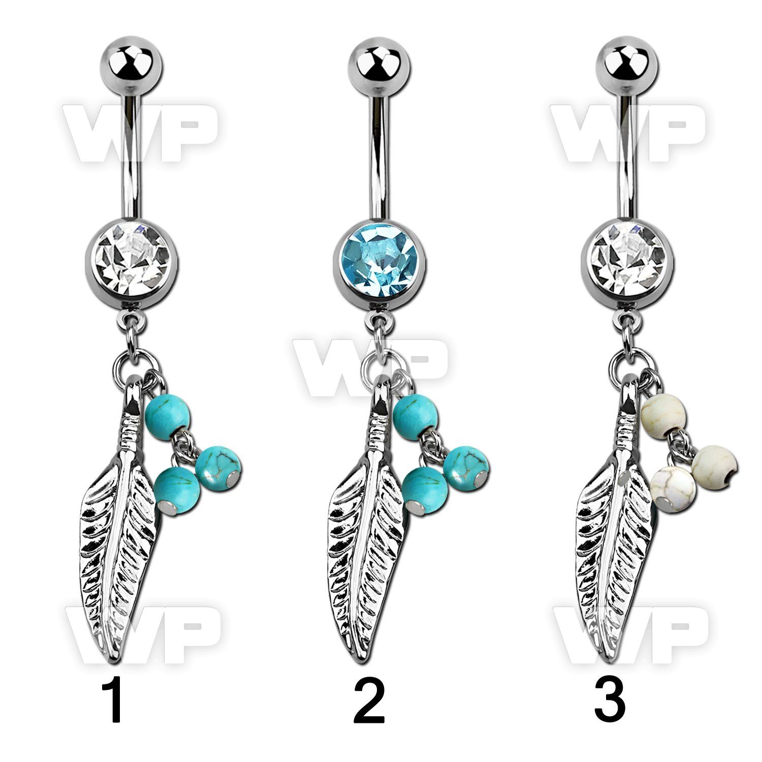 j61ype4 steel belly ring w dangling feather 3 faux turquoise ball belly piercing
