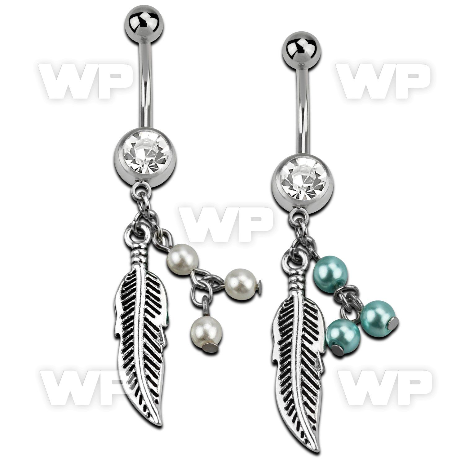 j61ype steel belly ring w dangling feather 3 faux pearls length belly piercing