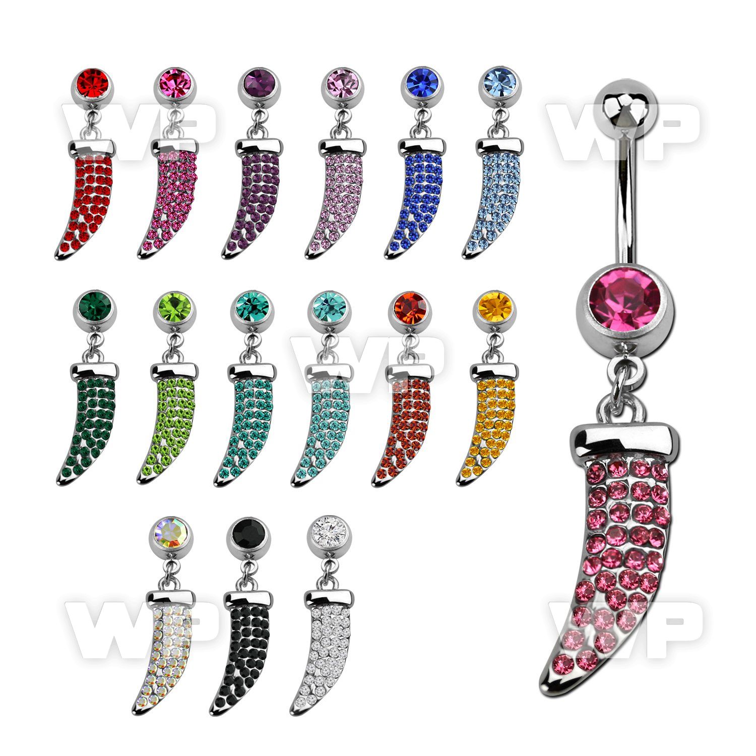 j61yt0 steel belly ring w dangling crystal studded tiger tooth belly piercing