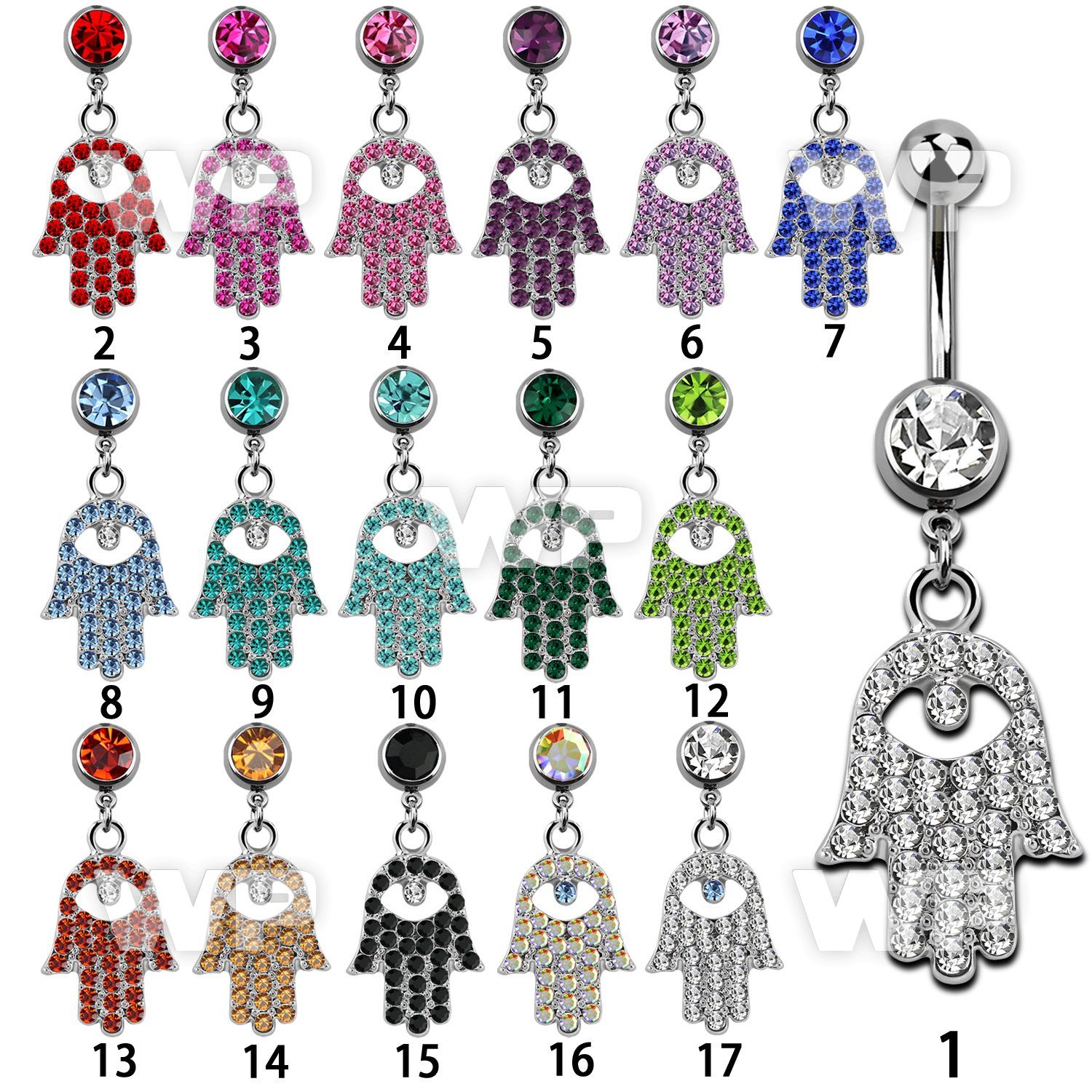 j61yyt steel belly ring w dangling crystal studded hamsa desig belly piercing