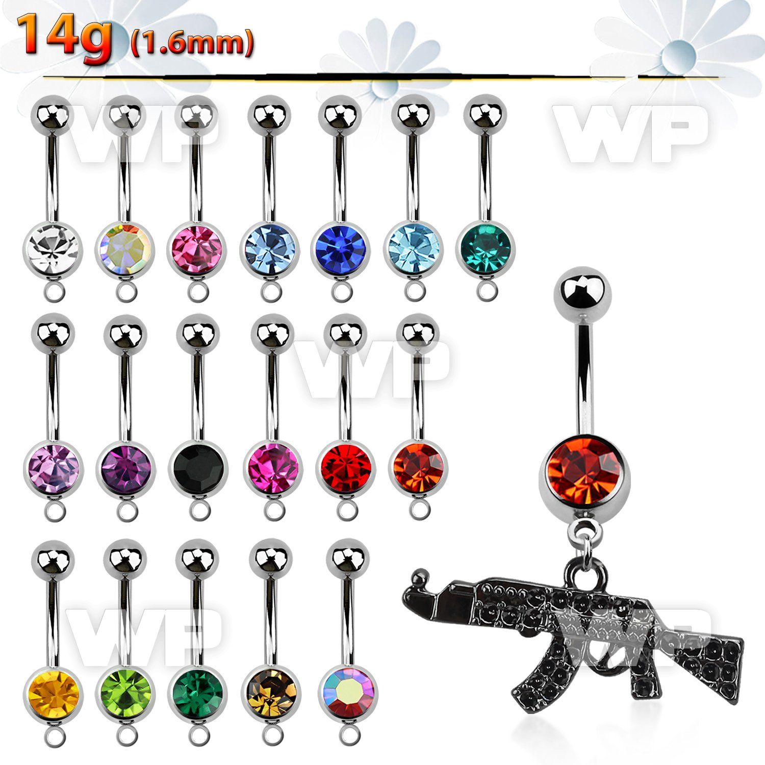 j61yze2 steel belly ring w dangling black plated miniature ak47 belly piercing