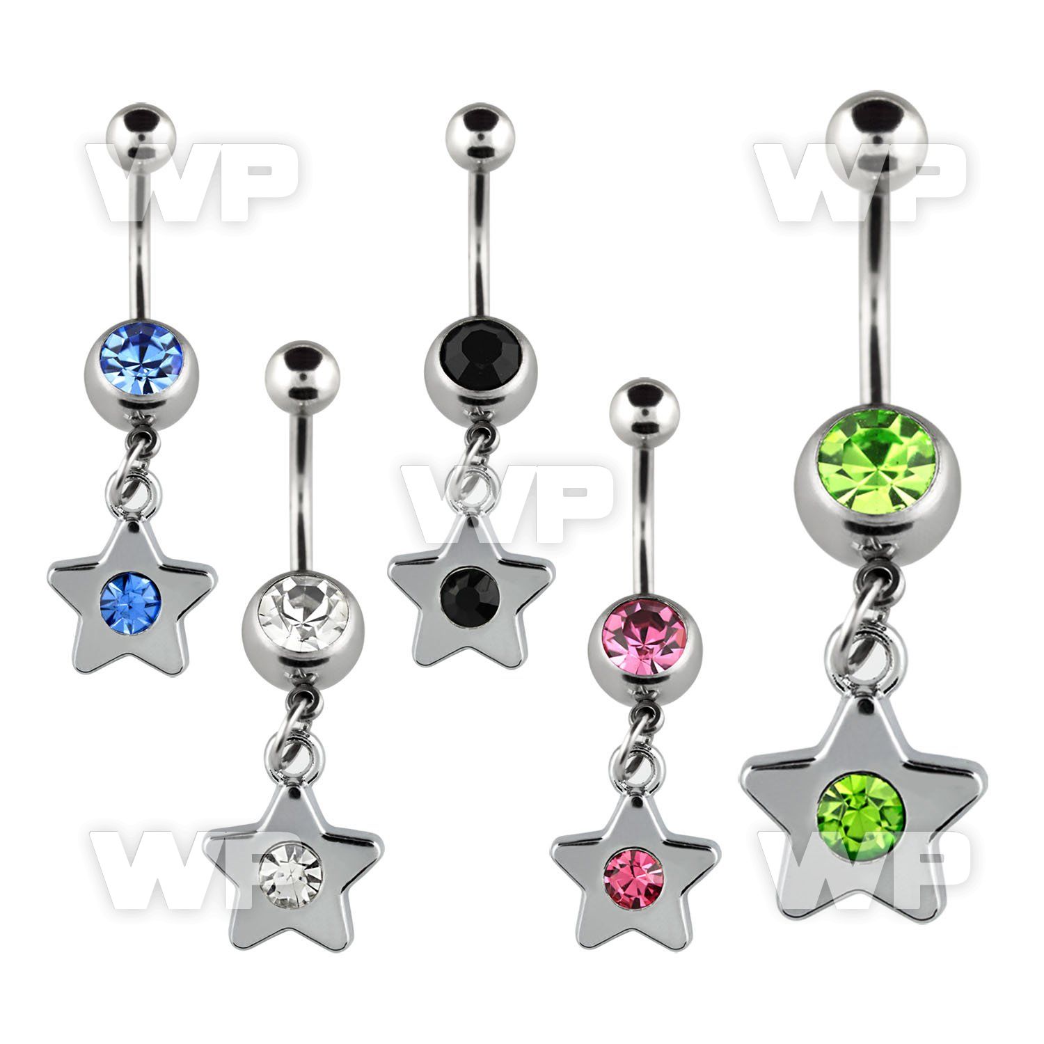 j61z9t steel belly ring w dangling starsingle crystal in the cen belly piercing
