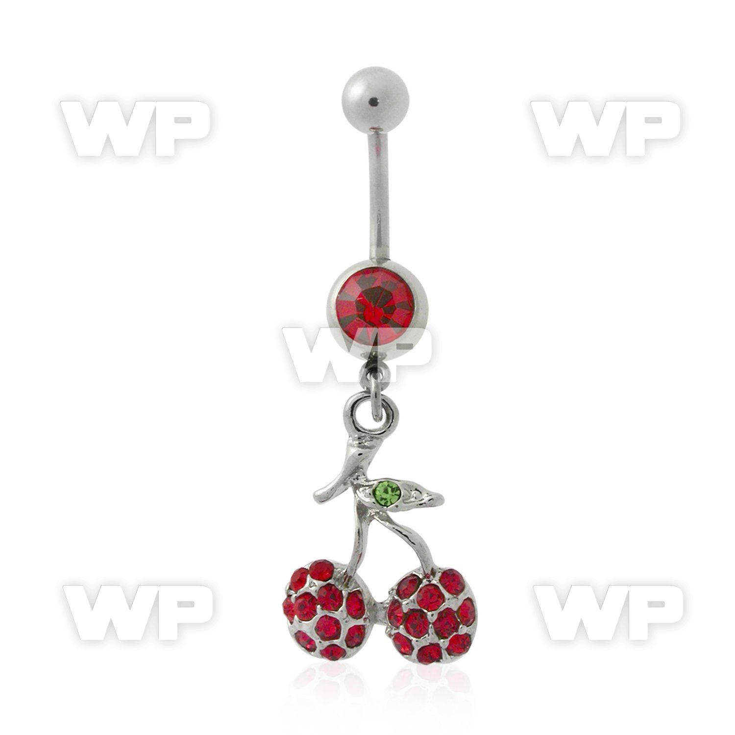 j61zs0 steel belly ring w dangling crystal studded cherry design belly piercing
