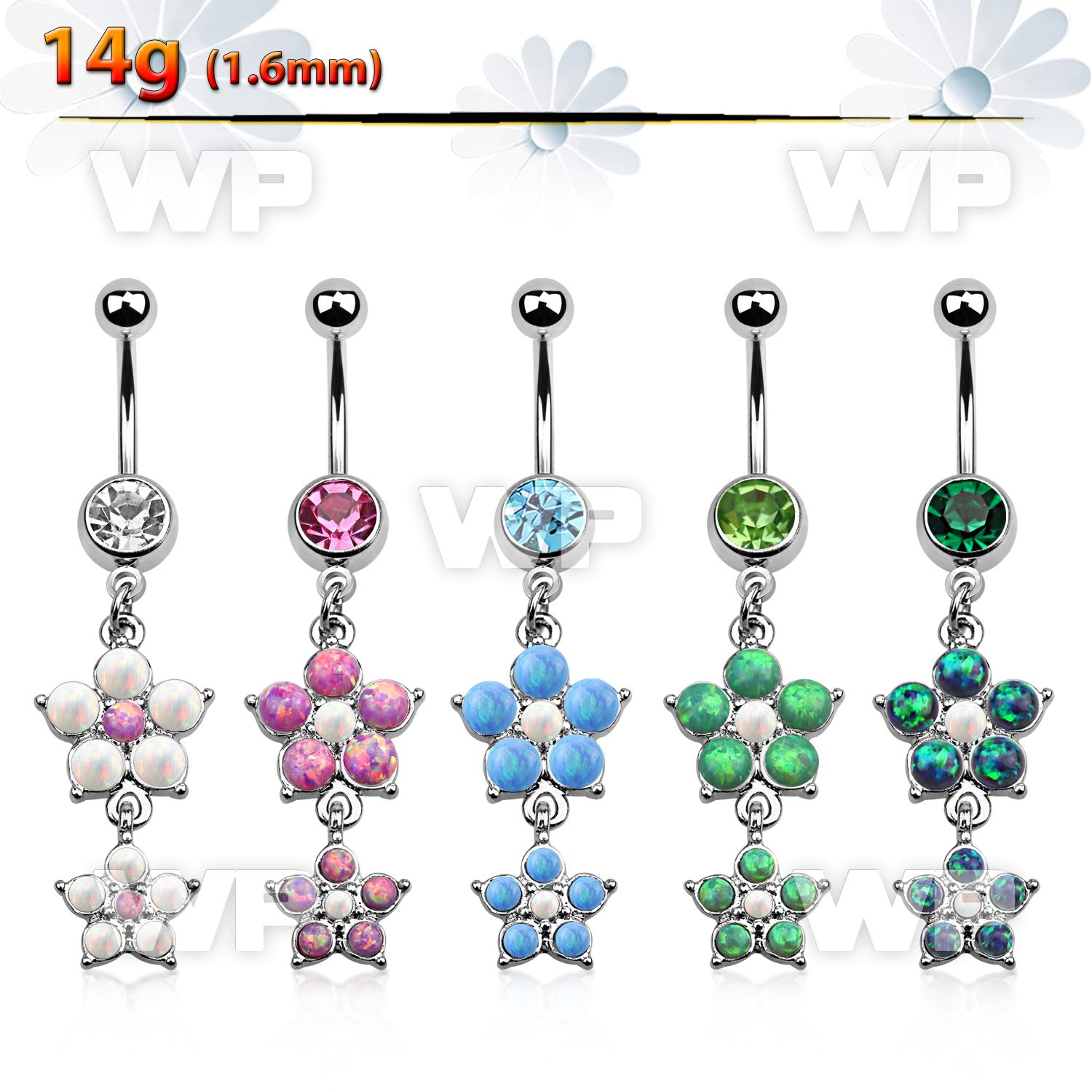 j65mdbel 316l steel belly ring w a dangling double crystal flower belly piercing