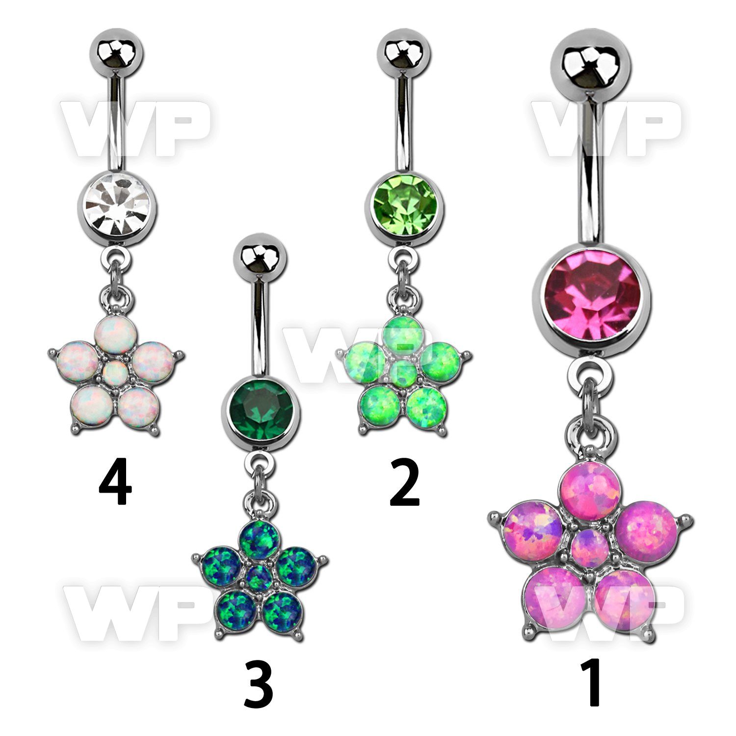 j65mdbkp 316l steel belly ring w a dangling flower w 5 petals w belly piercing