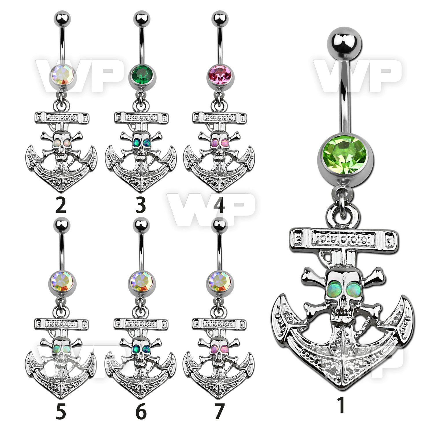 j65my9e steel belly ring w dangling anchor skull synthetic opals belly piercing