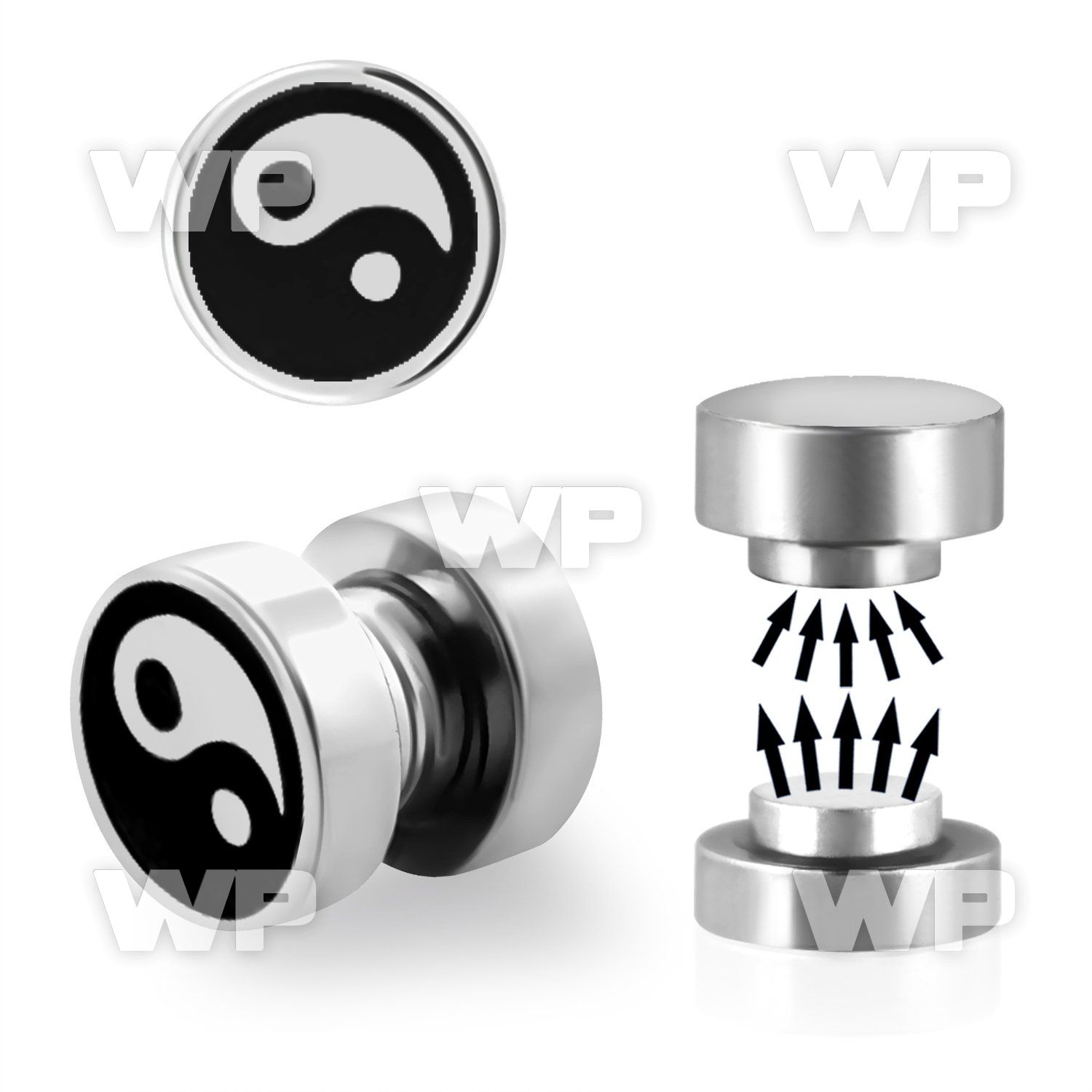 j8mee steel magnetic fake plup laser etched yin yang logo size ear lobe piercing