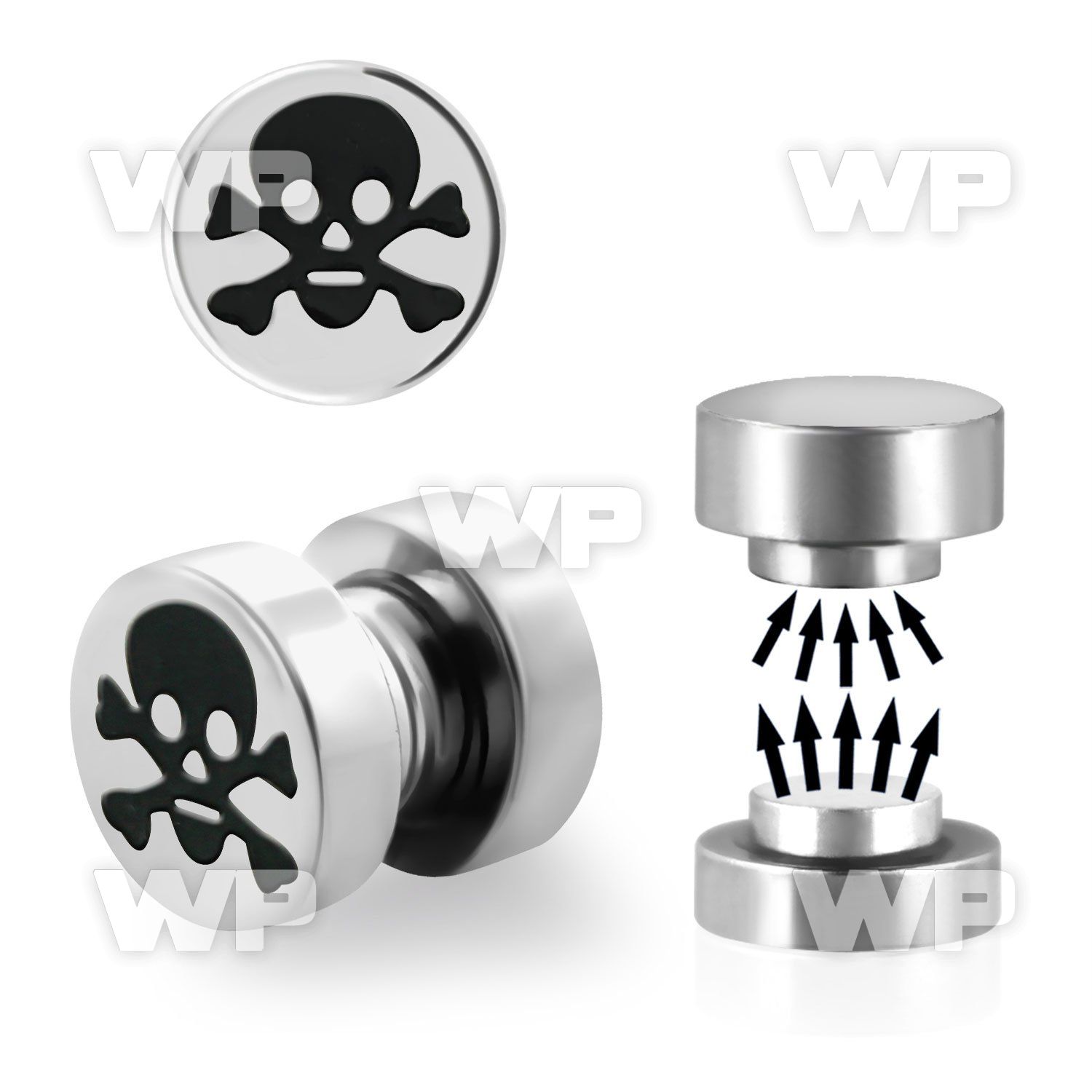 j8mep steel magnetic fake plup crossed bones behindskull logo belly piercing