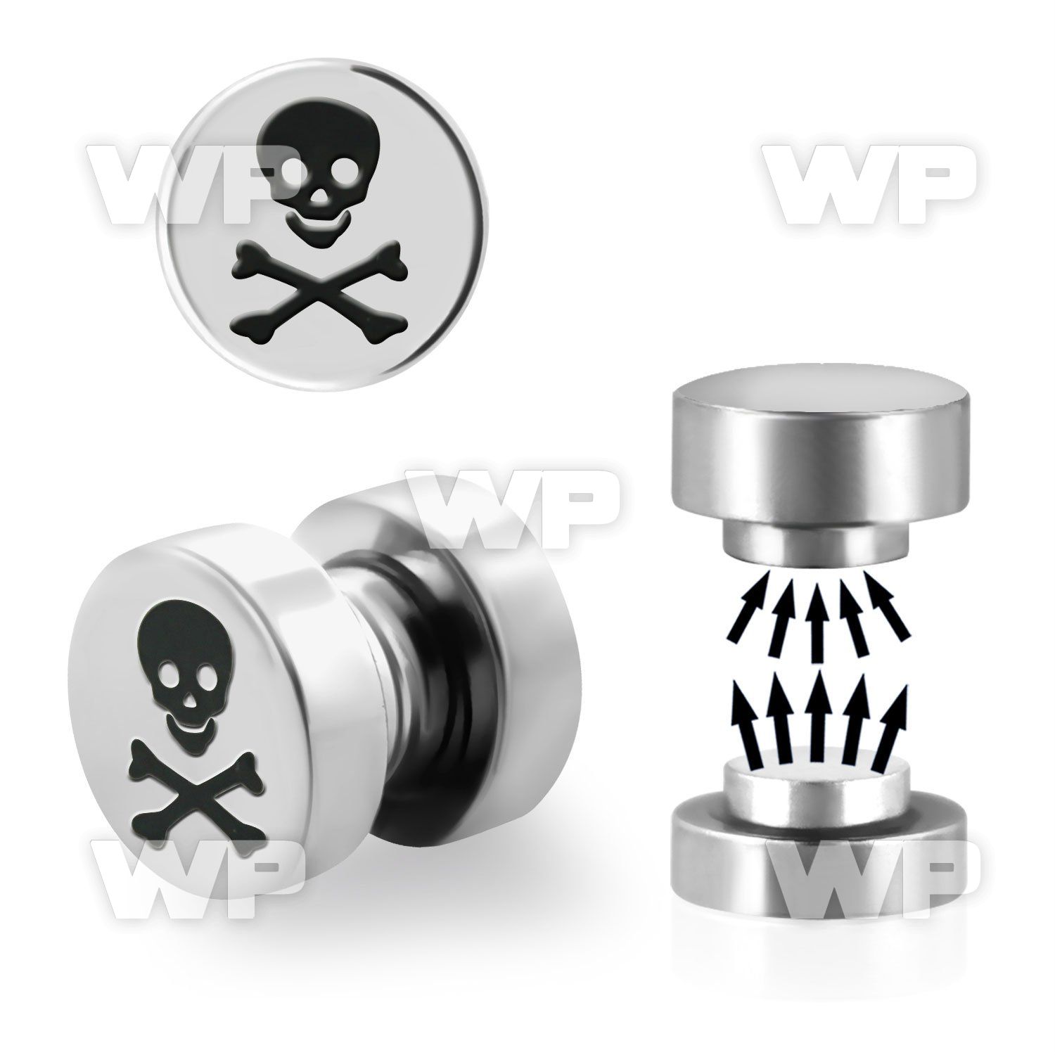 j8ml steel magnetic fake plup skull crossed bones logo size belly piercing
