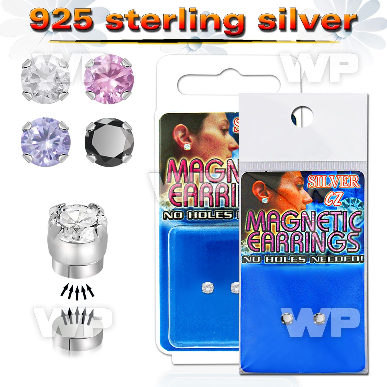 ji6gs pair of silver fake magnetic ear studs 5mm round clear belly piercing