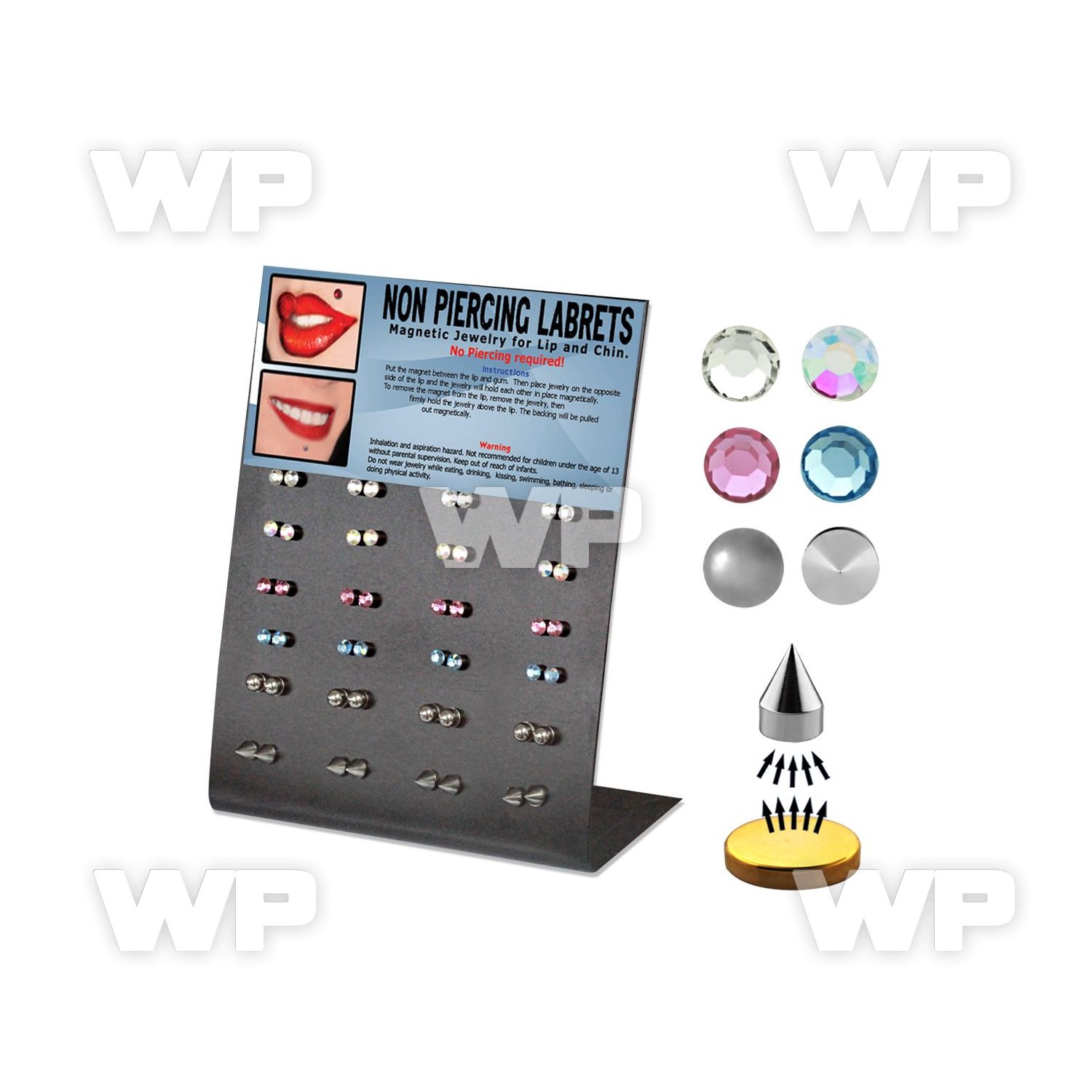 ji9e display with magnetic acrylic fake labret stud studs in belly piercing