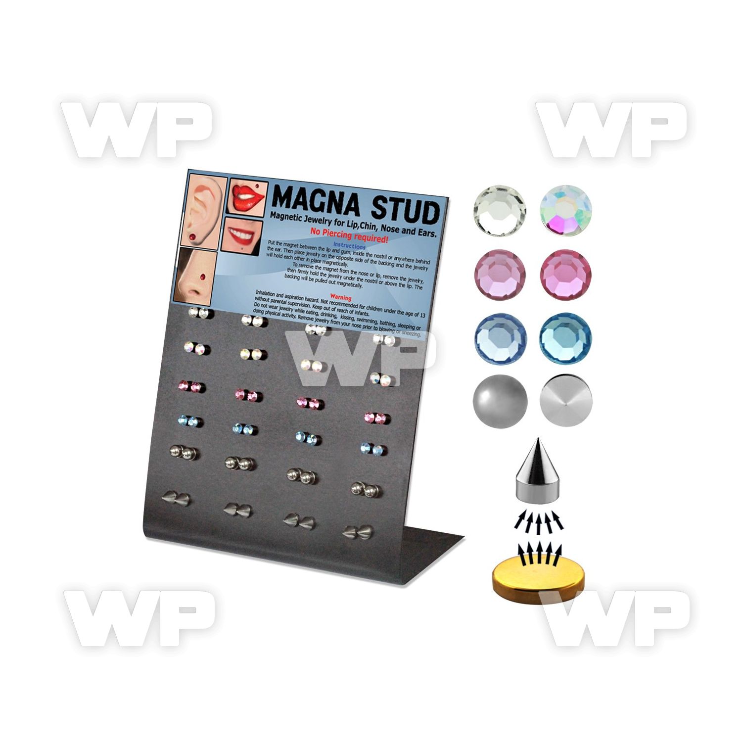 ji9k display with magnetic acrylic fake magna studs in mixed belly piercing