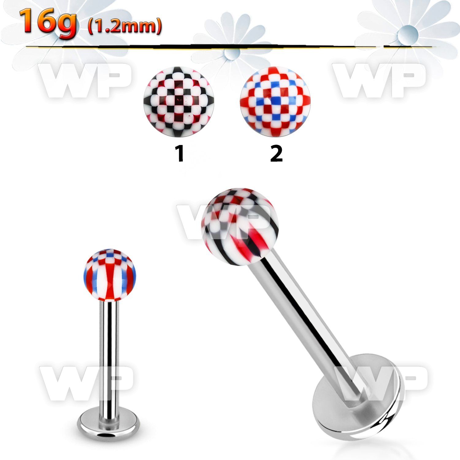 lbdxu steel labret w a 3mm acrylic ball w checker pattern