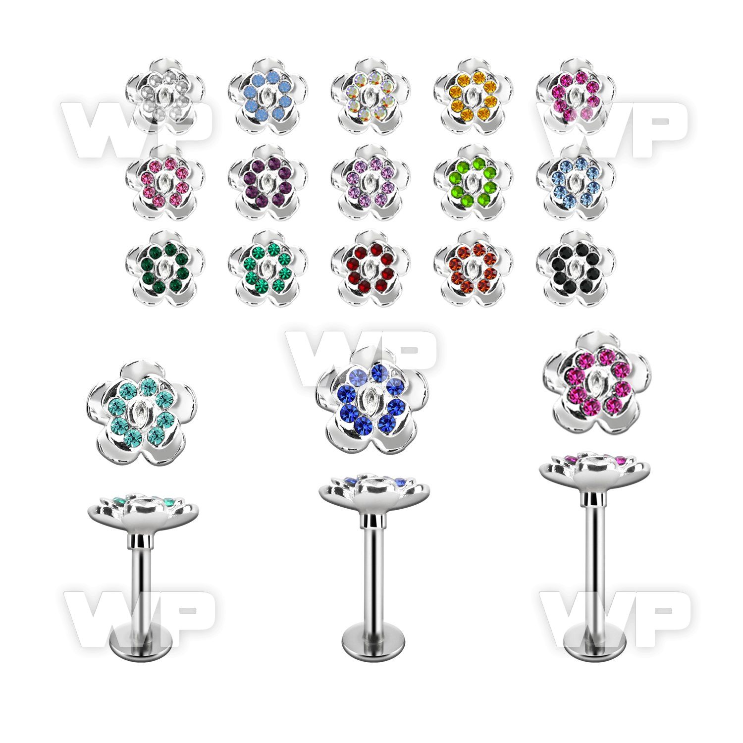 lbfw2c steel labret w a crystal flower upper part