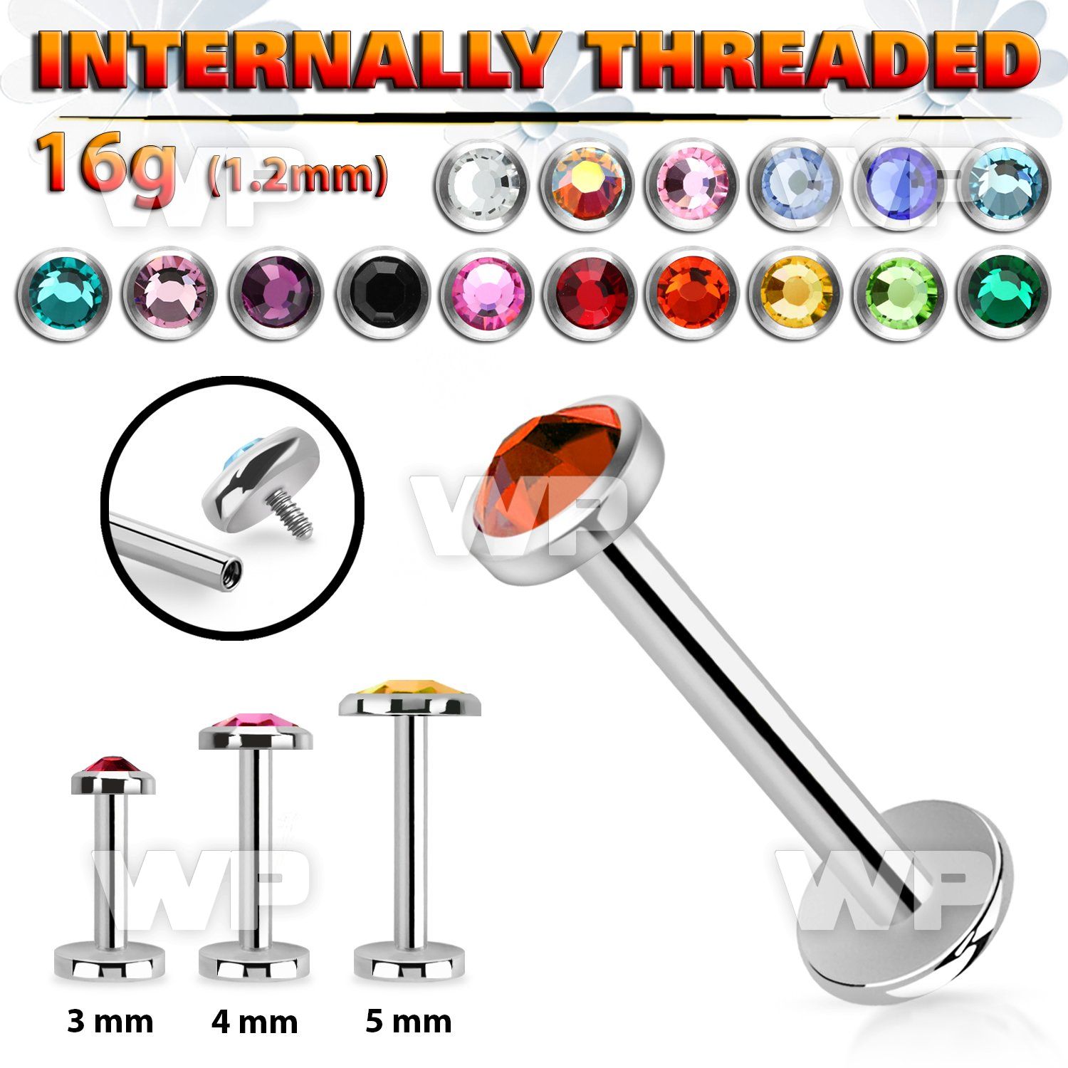 lbifb steel internally threaded labret w crystal flat head