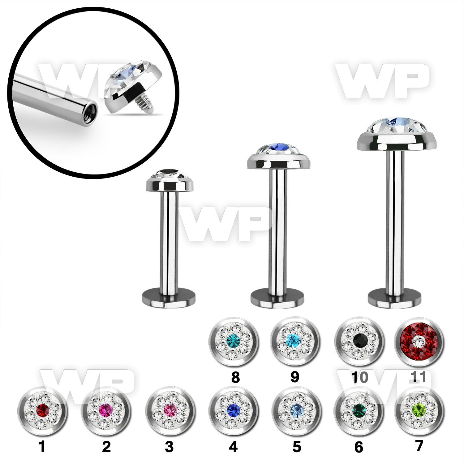 lbifrb steel internally threaded labret w multi crystal dot top
