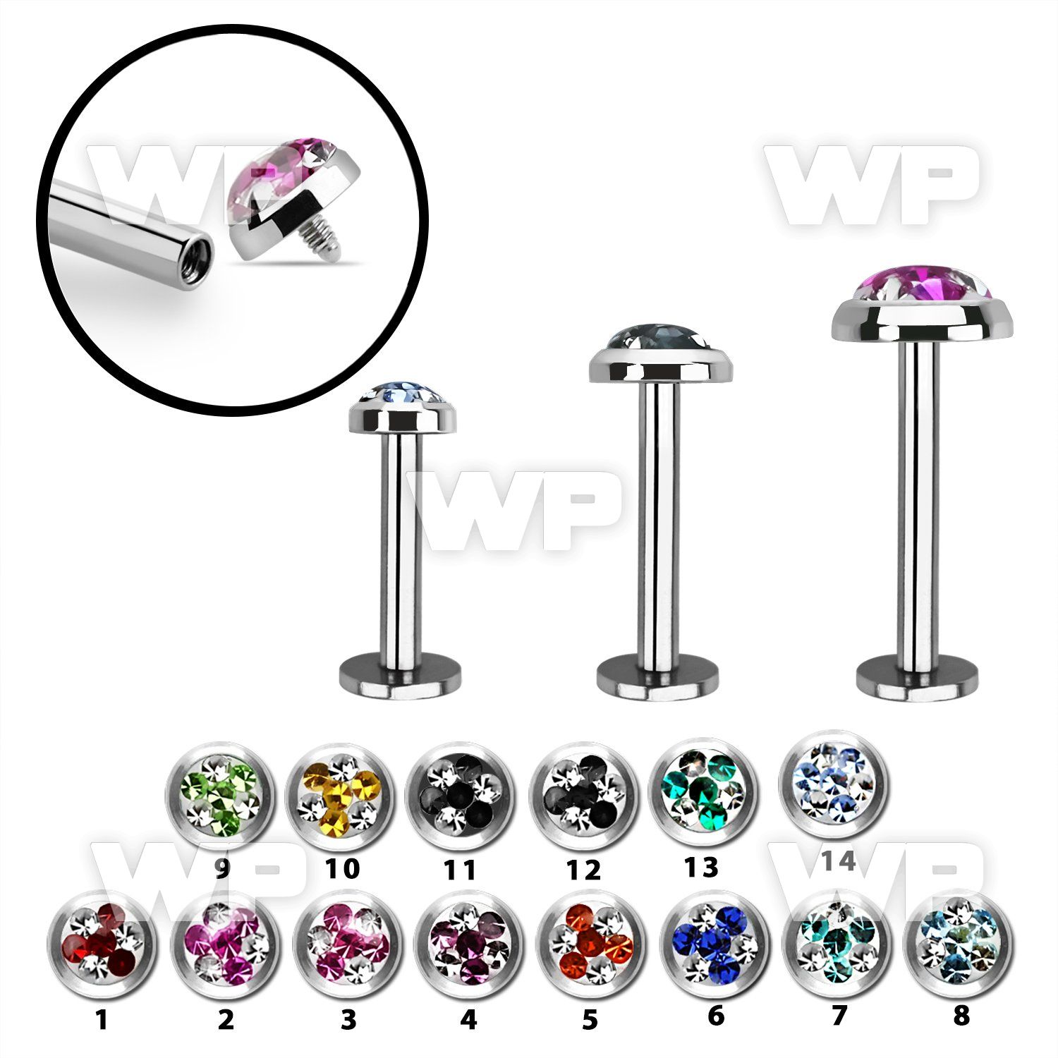 lbifrd steel internally threaded labret w multi crystal tristar