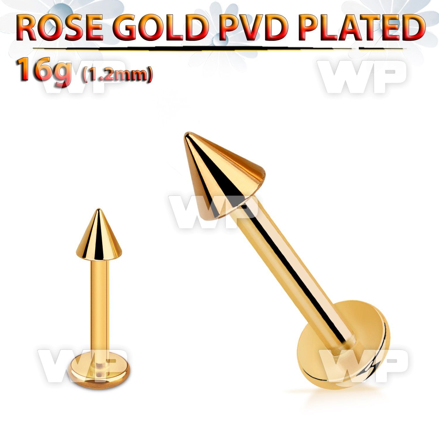 lbttcn3 rose gold pvd plated 316l steel labret, w a 3mm cone