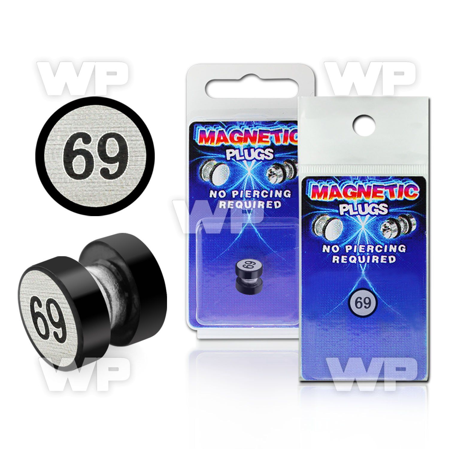 m2jm0t black steel magnetic fake plug 69 logo size 8mm belly piercing