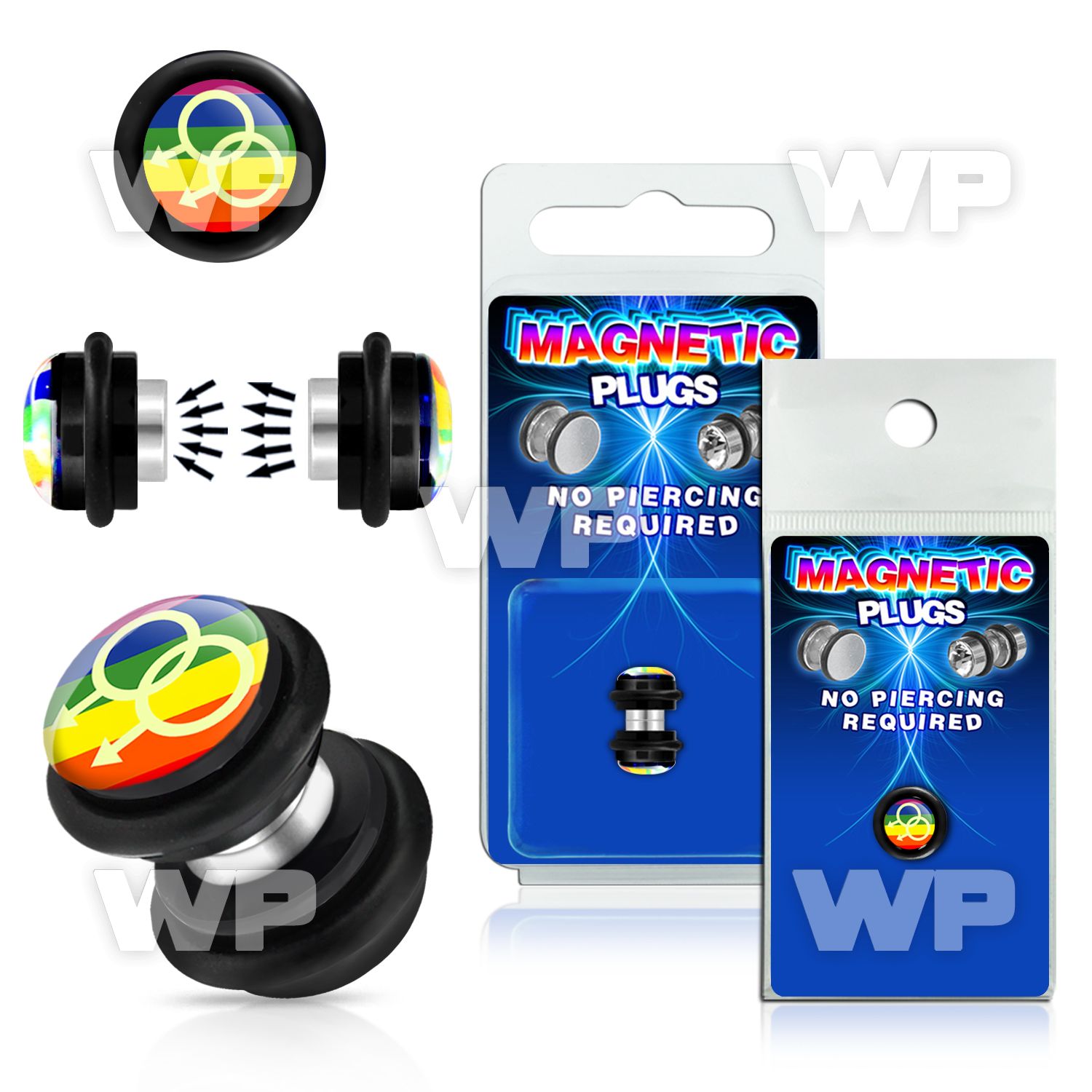 m2jml0 black magnetic fake plug double male sign on rainbow stri belly piercing