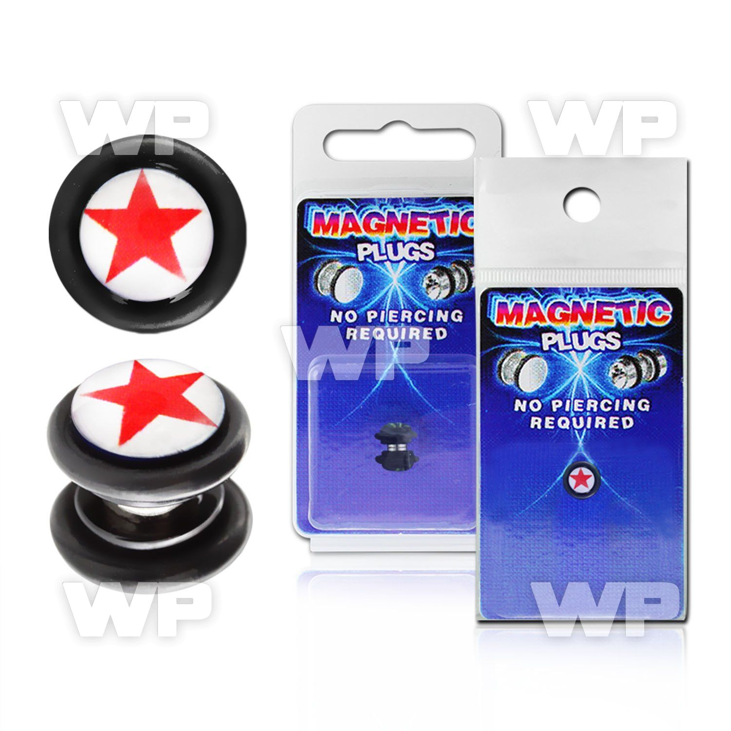 m2jml9 black magnetic fake plug red star on white logo o ring belly piercing