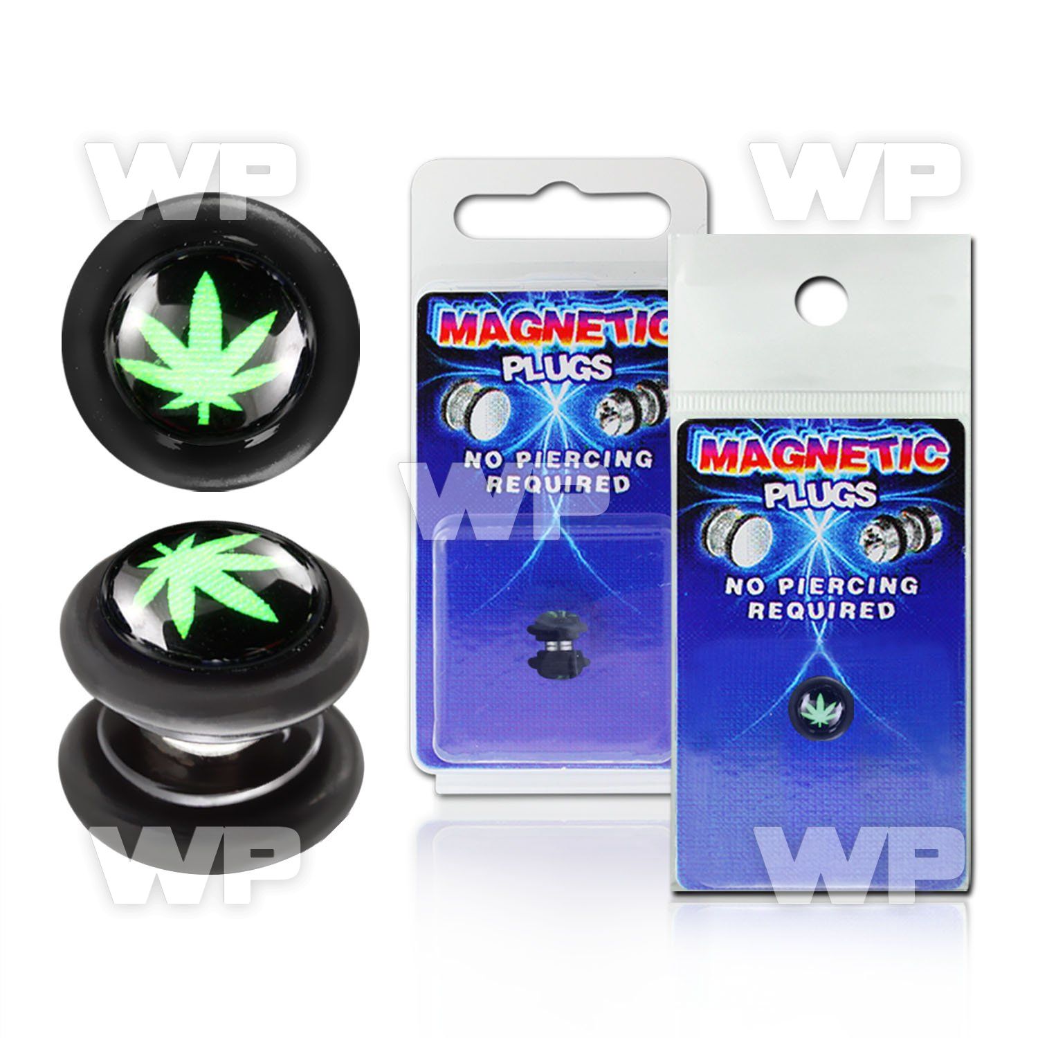 m2jmlk black magnetic fake plug green marijuana on black backgro belly piercing