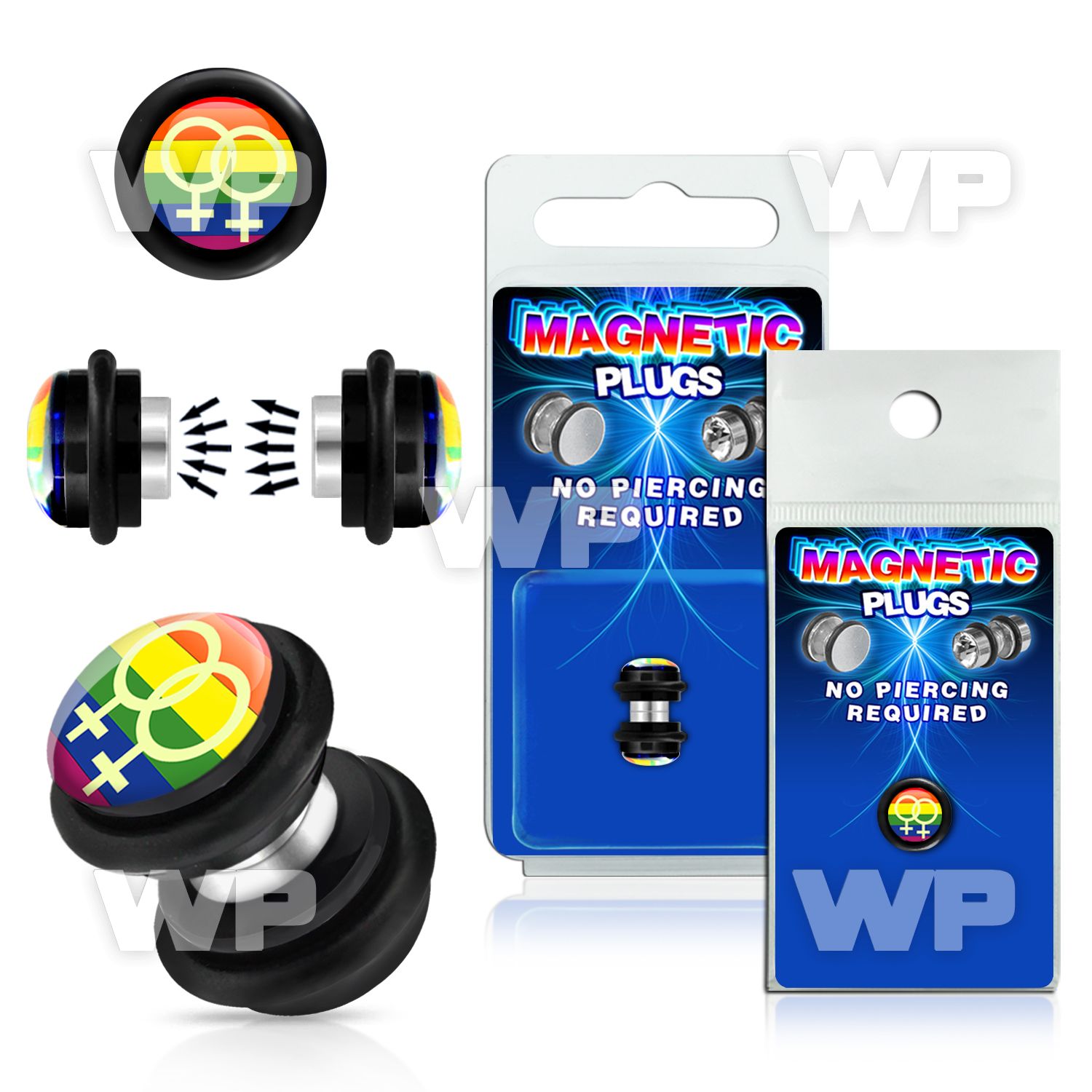 m2jmlz black magnetic fake plug double female sign on rainbow belly piercing
