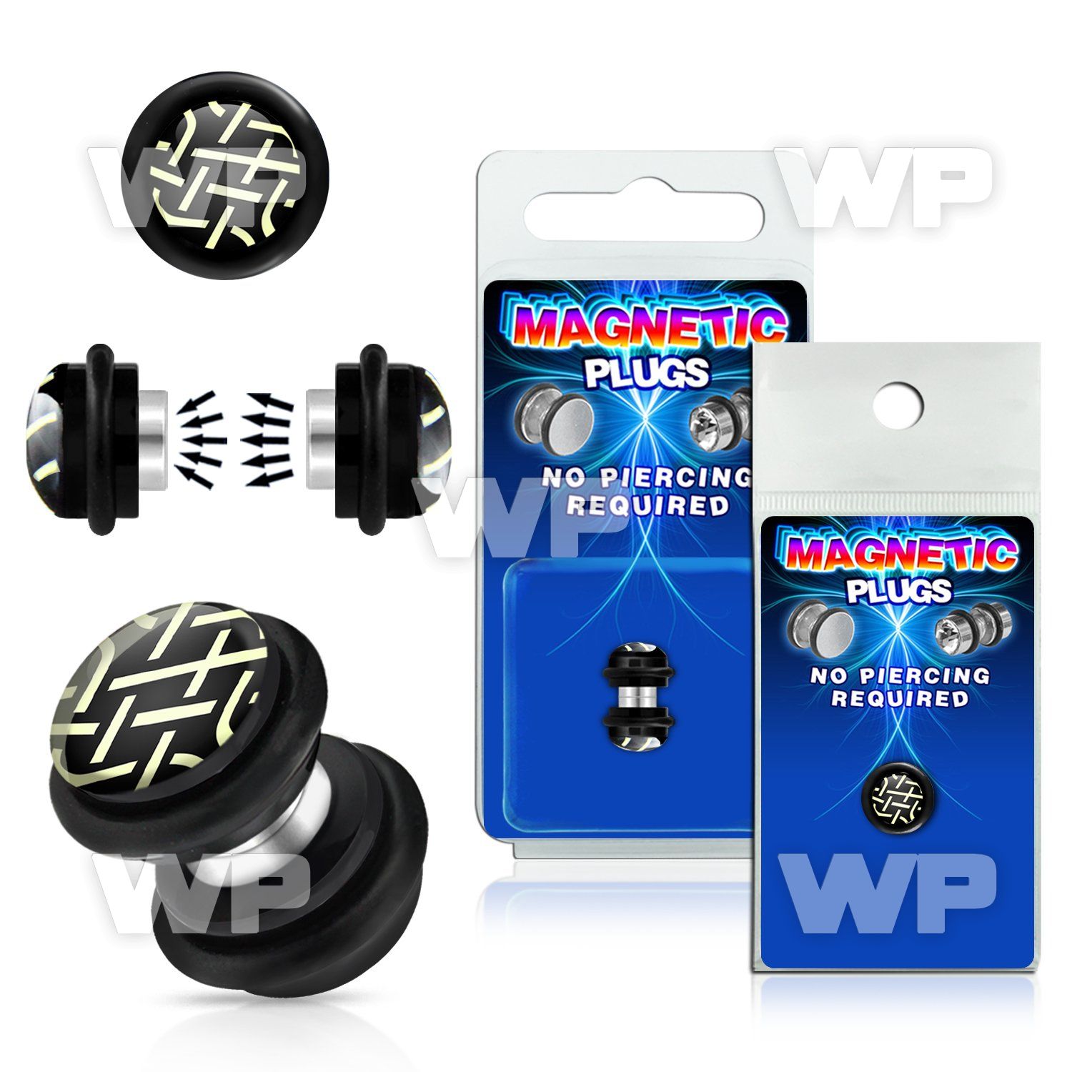 m2jmt0 black magnetic fake plug black weave pattern on white bac belly piercing
