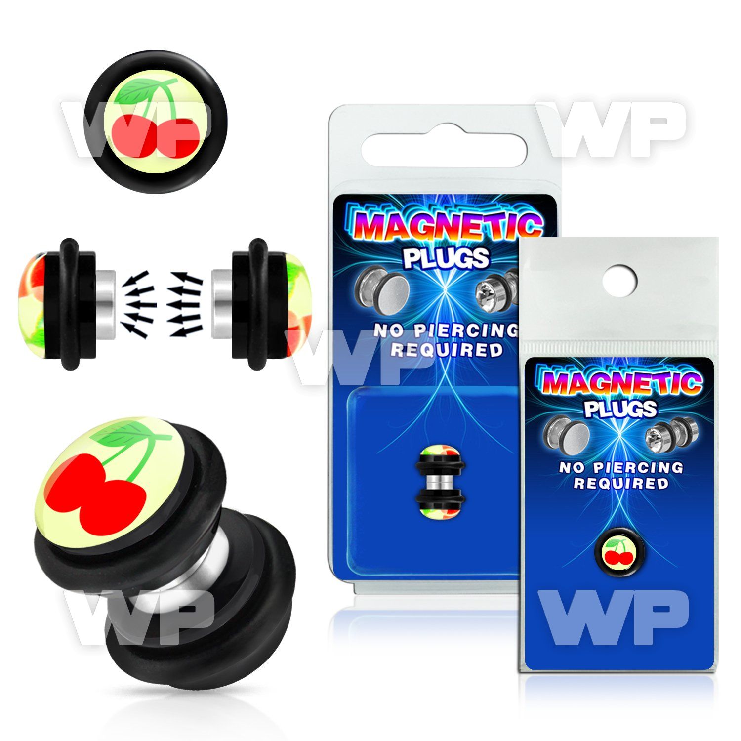 m2jmtz black magnetic fake plug large double cherry logo o rin belly piercing