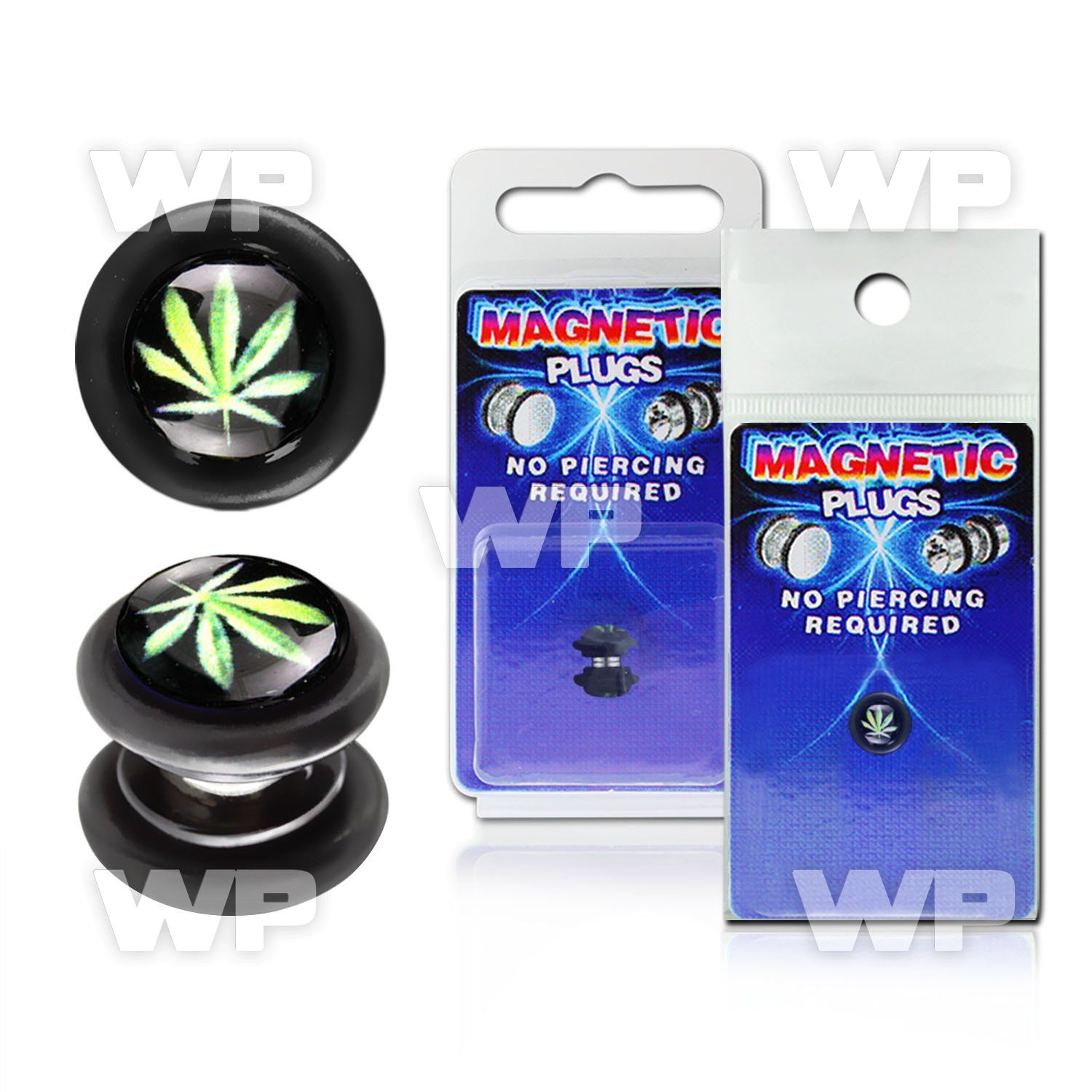 m2jmy9 black magnetic fake plug green marijuana on black backgro belly piercing