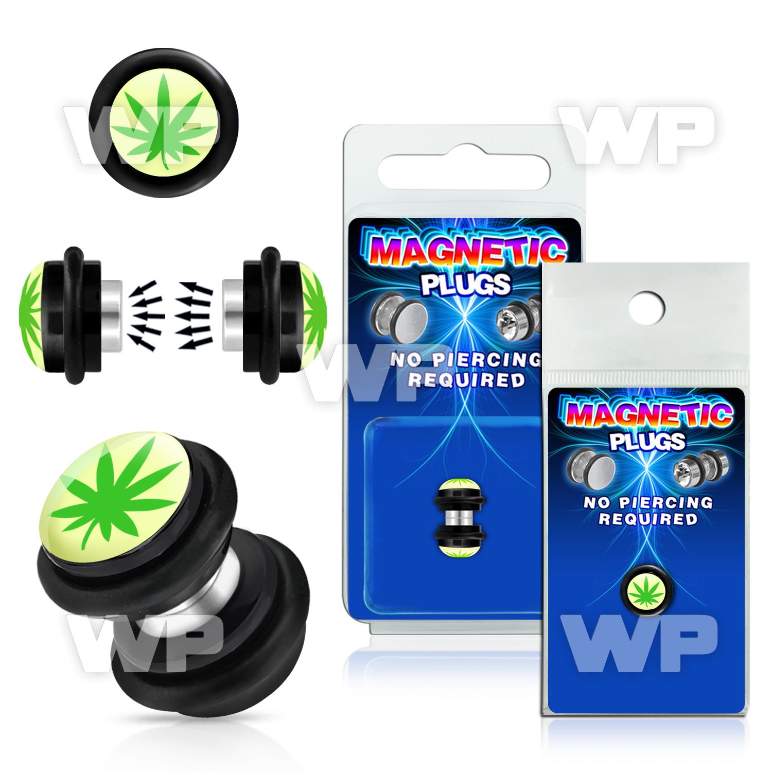 m2jmyl black magnetic fake plug green marijuana on white backgro belly piercing