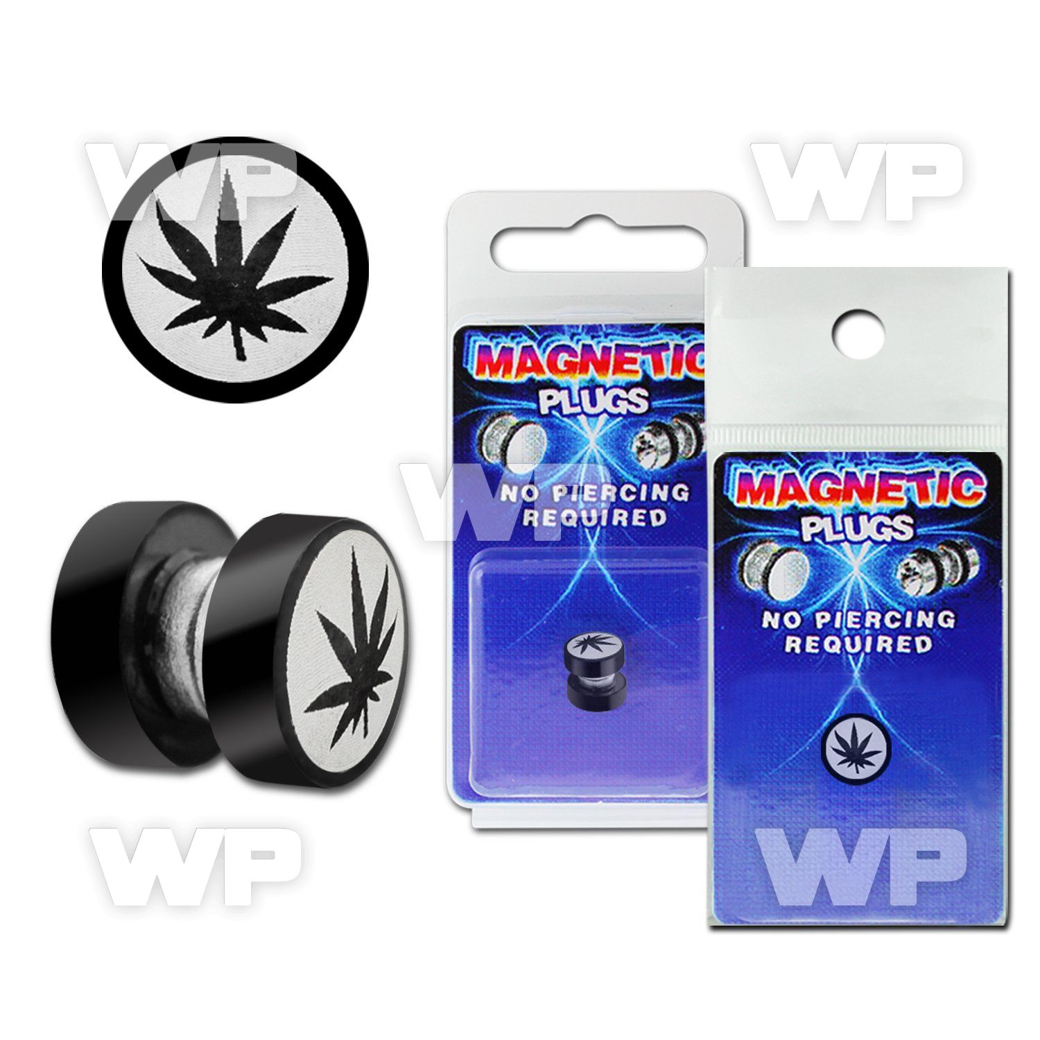 m2jmz9 black steel magnetic fake plug marijuana logo size 8mm ear lobe piercing