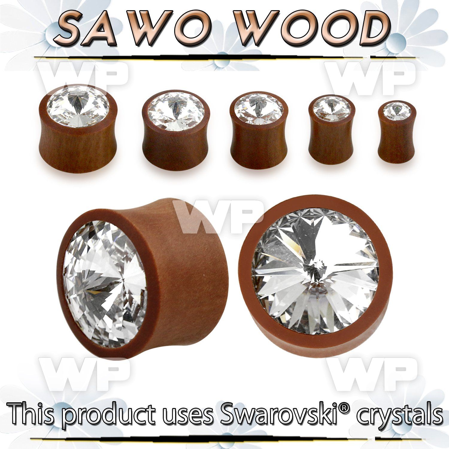 m37i6 sawo wood double flared plug clear swarovski crystal cent ear lobe piercing