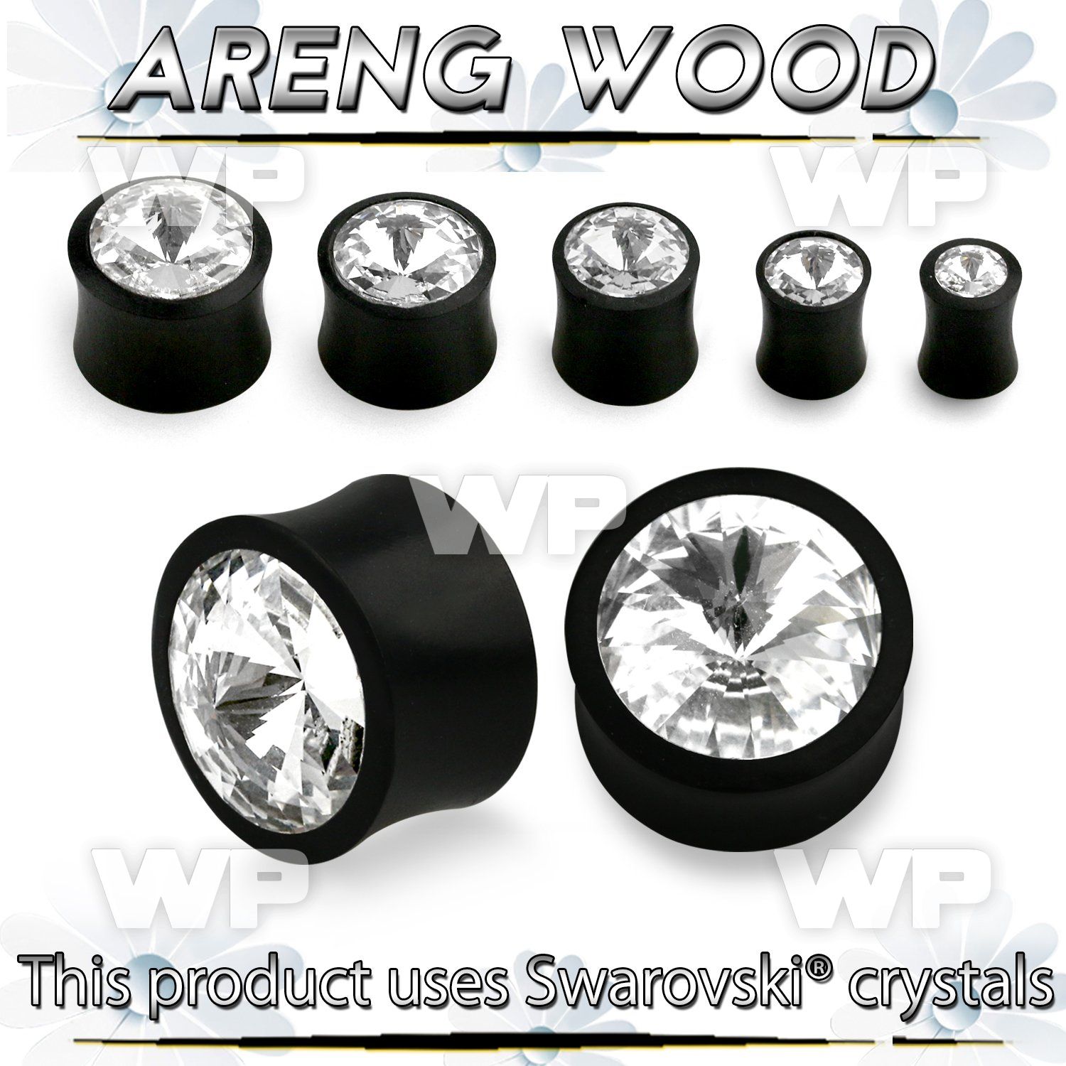 m7ai6 bblack areng wood double flare plug clear swarovski cryst ear lobe piercing