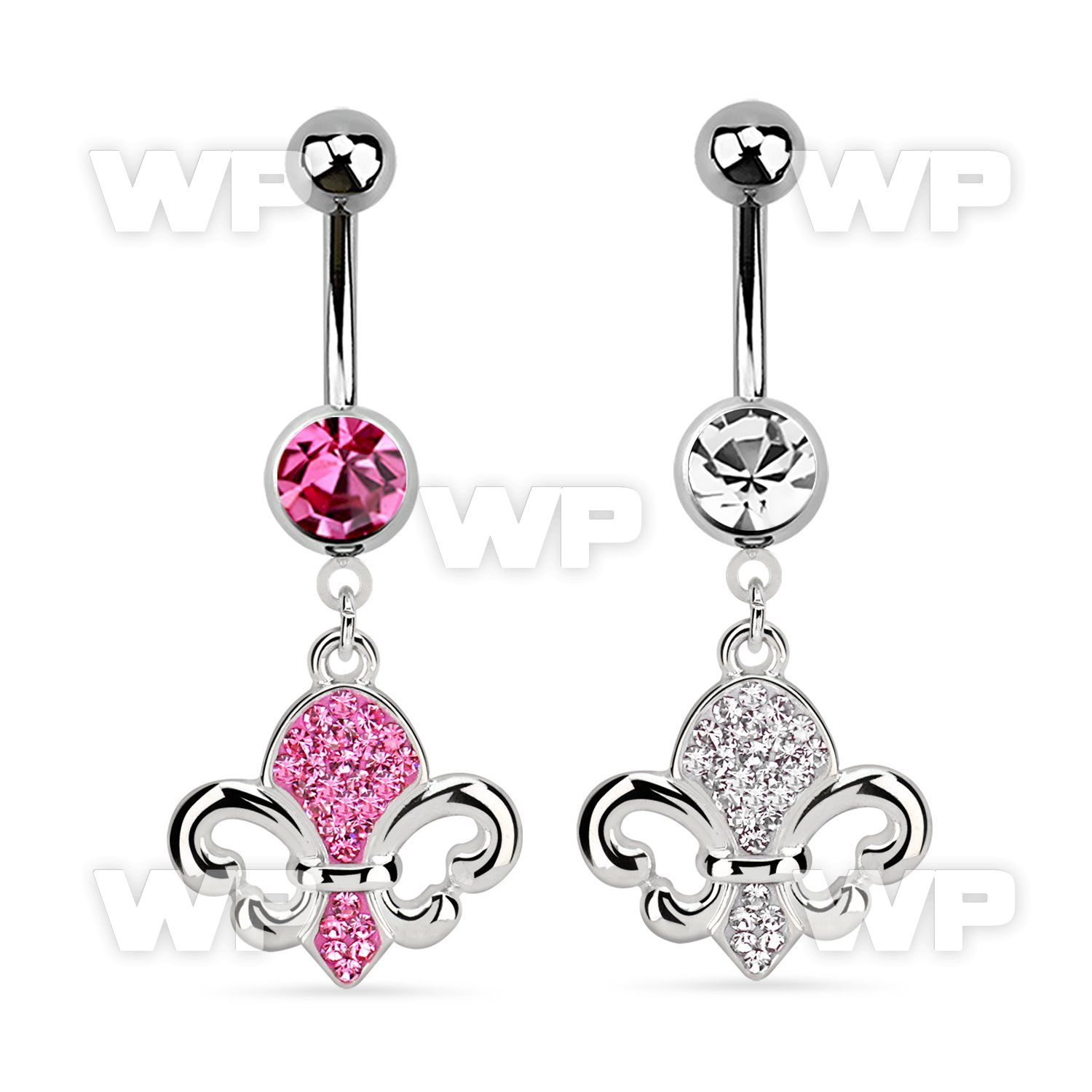 mcd498 316l steel belly banana w crystal fleur de lis