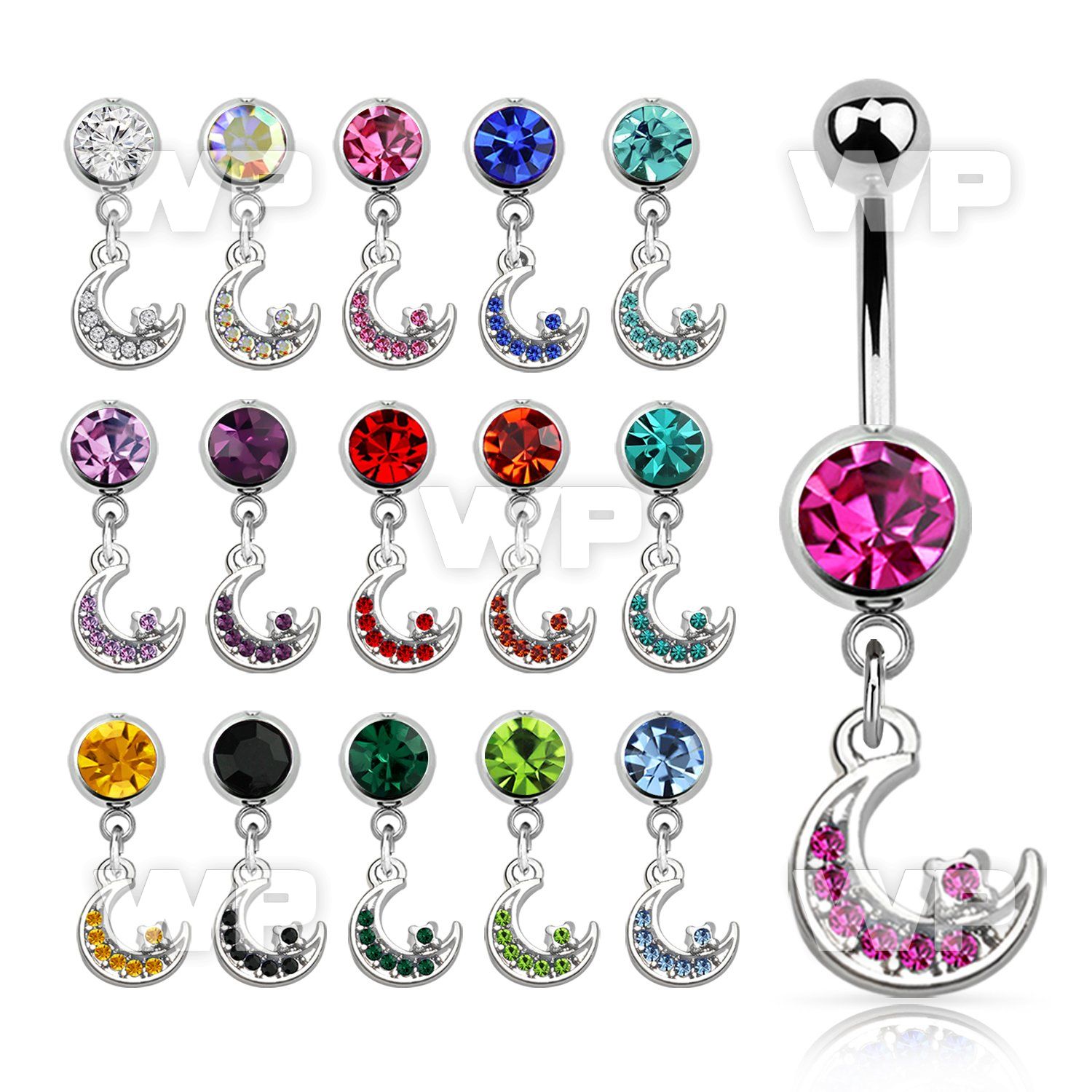 mcd734 steel belly banana w dangling moon w crystals