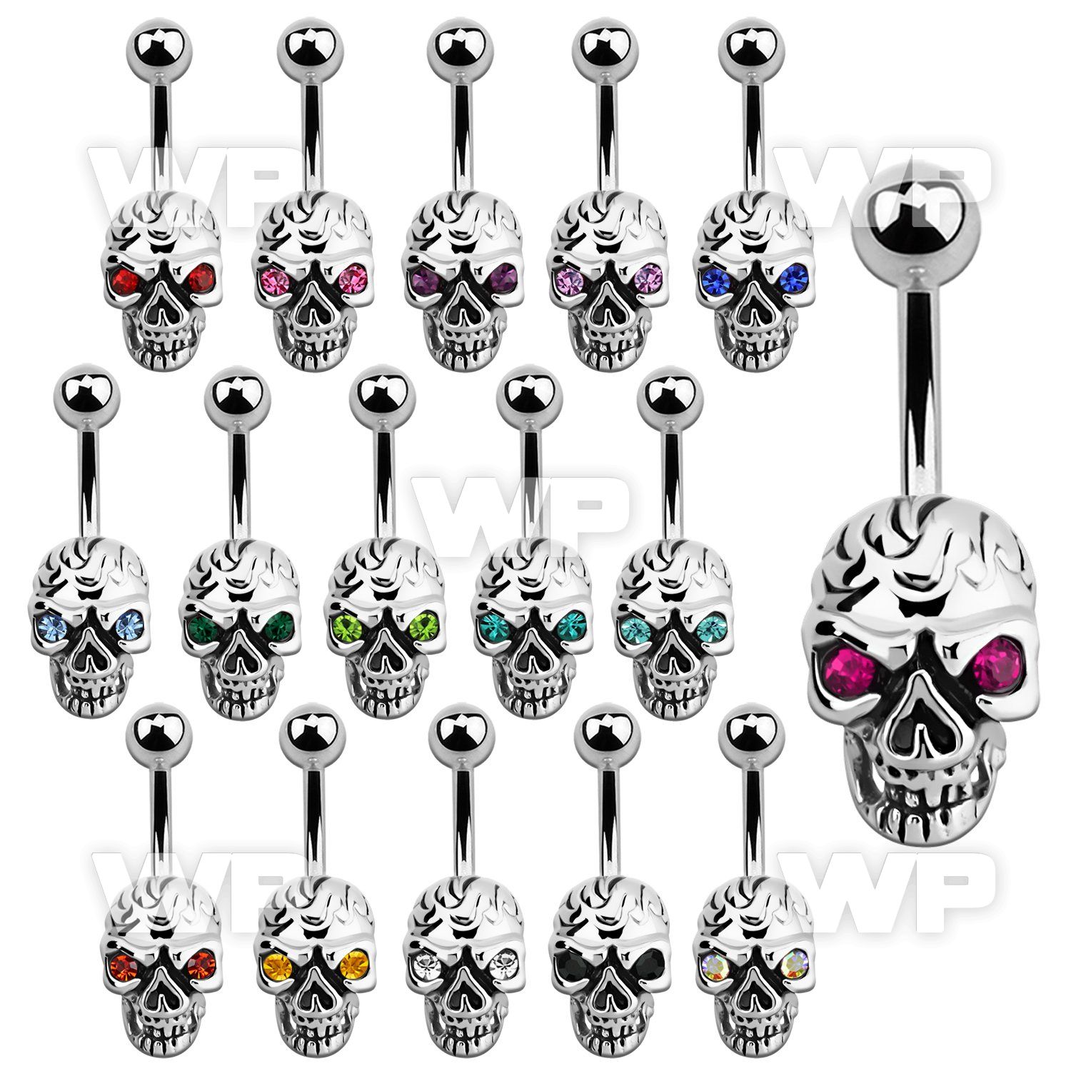 mcd753c 316l steel belly banana w casted skull w crystal eyes