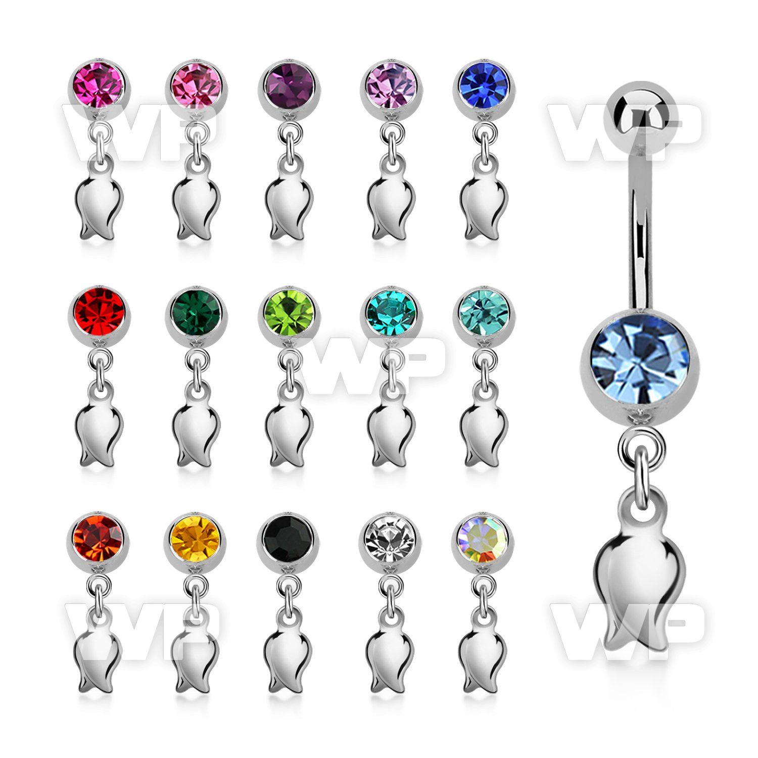 mcd767 steel belly banana, 14g w jewel ball w a dangling tulip 